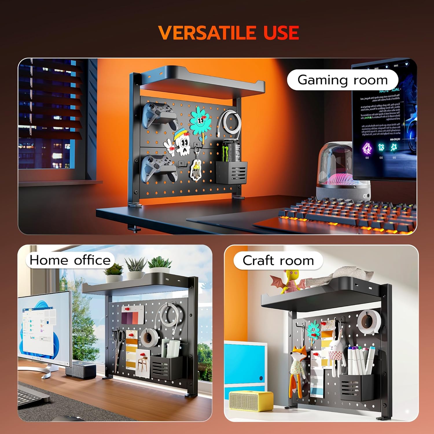 ARES WING Desk Clamp On Pegboard with 16 inches Organizer Shelf, Adjustable Above or Under Desk Storage Shelf Holds 44 lbs, Magnetic Metal Peg Board for Office and Gaming Accessories, Black