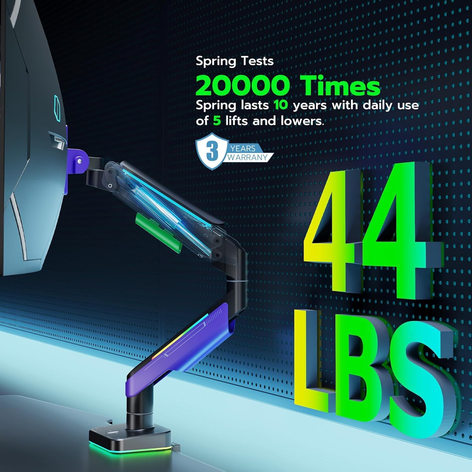 Ares Wing RGB Heavy Duty Monitor Arm for 17 to 49 Inch, up to 44 lbs, Ultrawide Curved Monitor Mount with Gas Spring for Desk, Purple, for Gaming