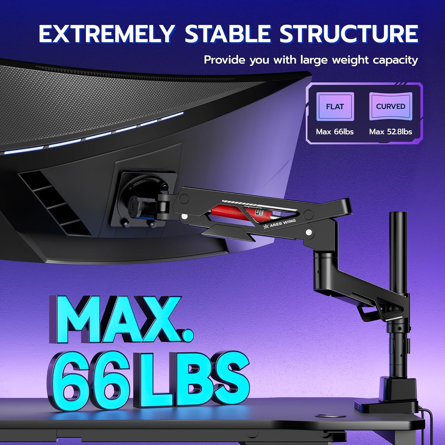 ARES WING Heavy Duty Monitor Arm, Ultrawide Monitor Stand up to 57“ and 66 Lbs, Gas Sprinq Monitor Mount with USB, Height Adjustable Arms Monitor Stand, Various VESA Mount with Clamp/Grommet Base