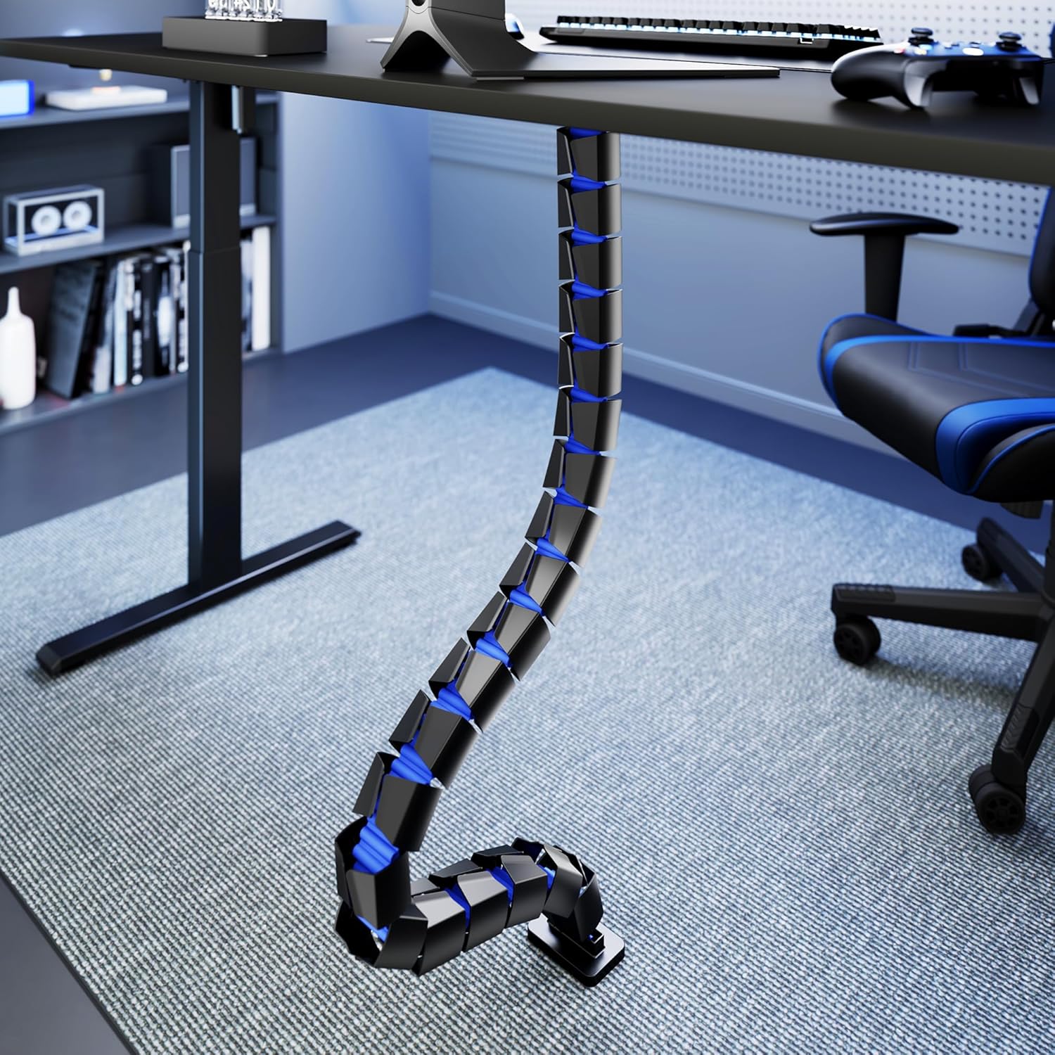 ARES WING Under Desk Cable Management Spine, Magnetic Vertebrae Cable Management for Standing Desk, Length Adjustable Cord Organizer with 20 Modular Vertebrae for Office and Gaming Desks, Blue