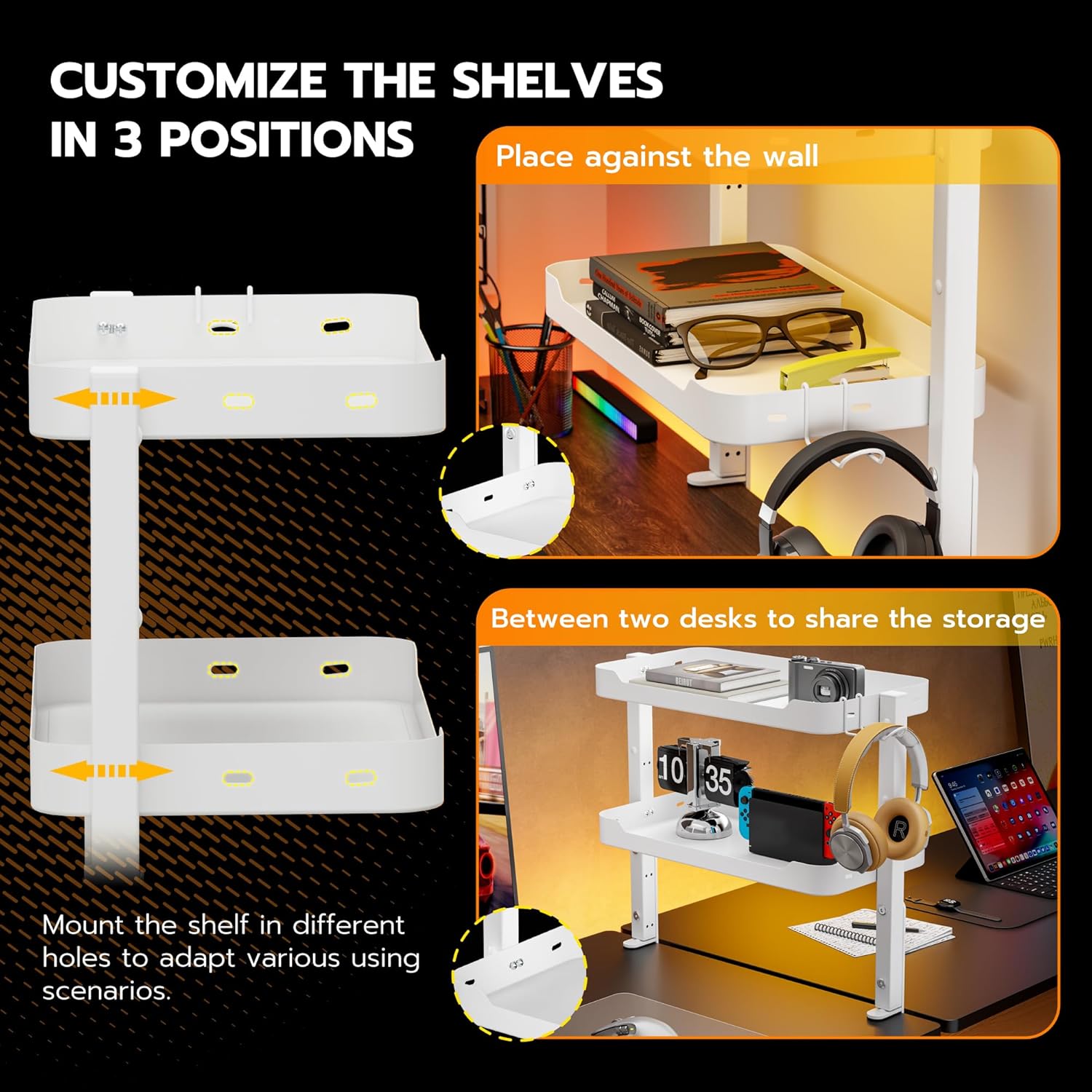 ARES WING 2-Tier Clamp On Desk Shelf, 16 inch Adjustable Above or Under Desk Storage Shelves Holds 44 lbs, Heavy Duty Desktop Organizer with Headphone Holder for Working and Gaming Accessories, White