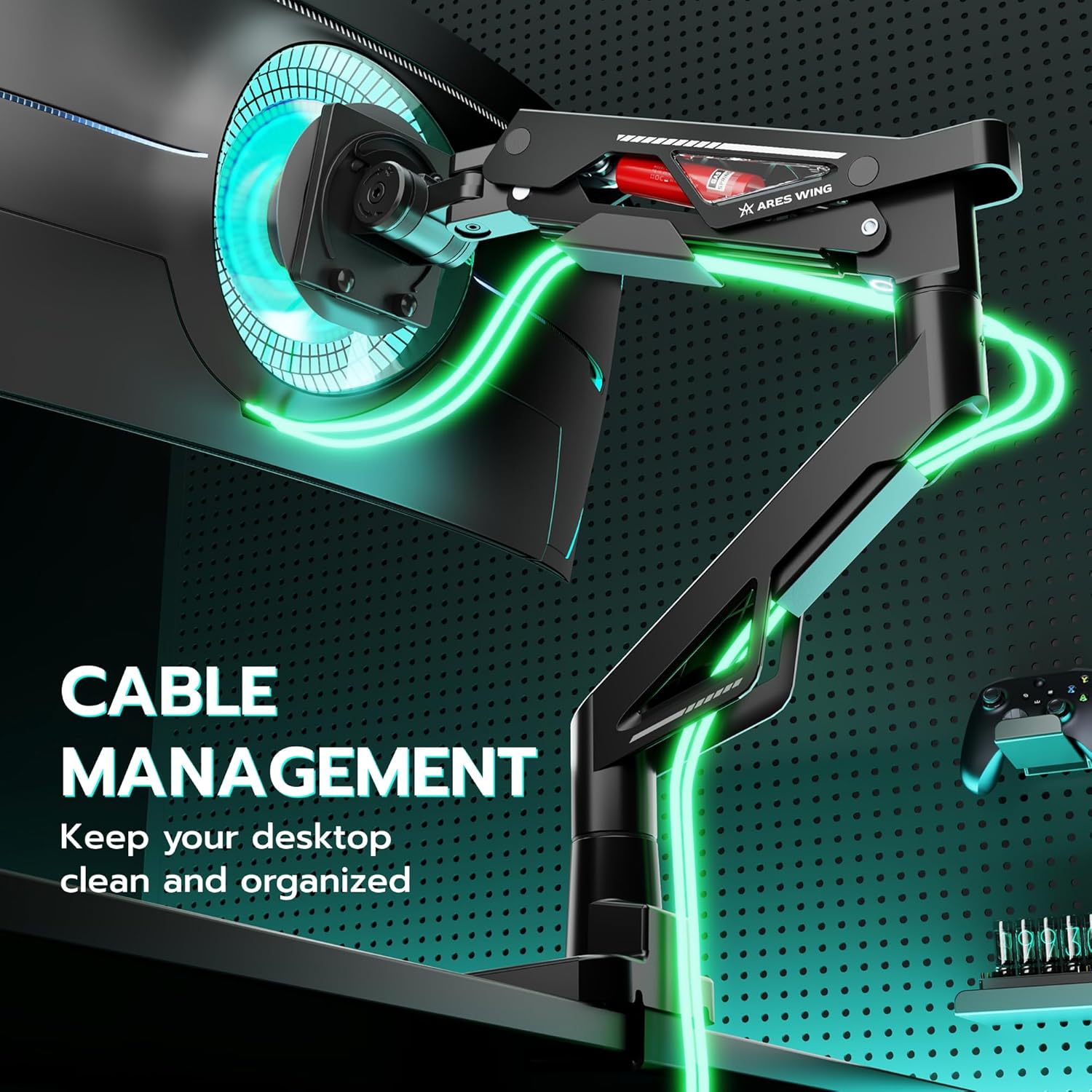 ARES WING Premium Monitor Arm, Ultrawide Monitor Stand up to 57” and 66 Lbs, Gas Sprinq Monitor Mount Height Adjustable and Extension Monitor Stand for Desk Various VESA Mount with Clamp/Grommet Base