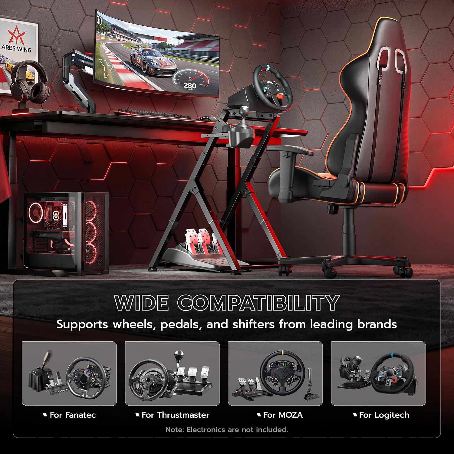 ARES WING Racing Wheel Stand, Racing Simulator Cockpit with Steering Wheel Shifter Pedal Mount, Foldable Sim Racing Cockpit Compatible with Logitech G29 G920 G923, Fanatec, Thrustmaster, Moza, Simagic