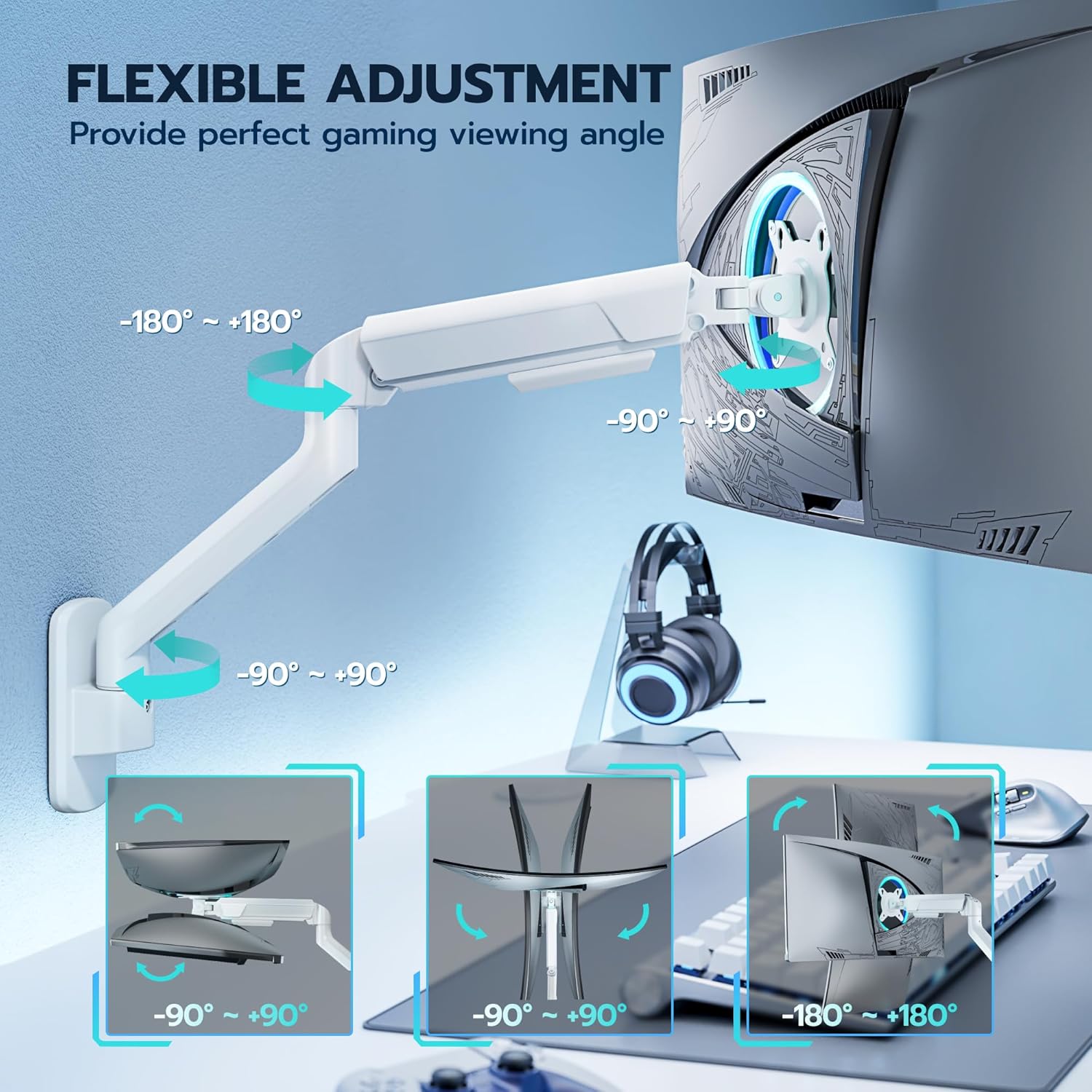 ARES WING Single Monitor Wall Mount for 17-40 Inch Ultrawide Screens, Heavy Duty Monitor Arm Up to 26.4 lbs, Fully Adjustable Wall Mount, VESA 75x75/100x100 Compatible, White
