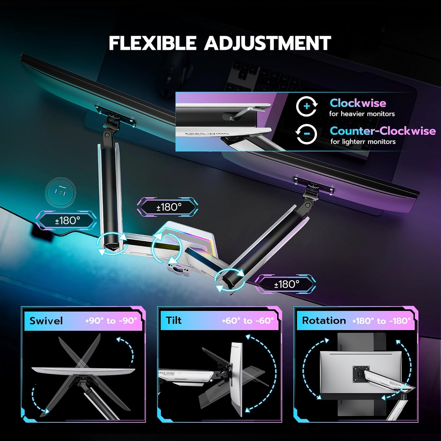 ARES WING RGB Dual Monitor Arm for 17-38