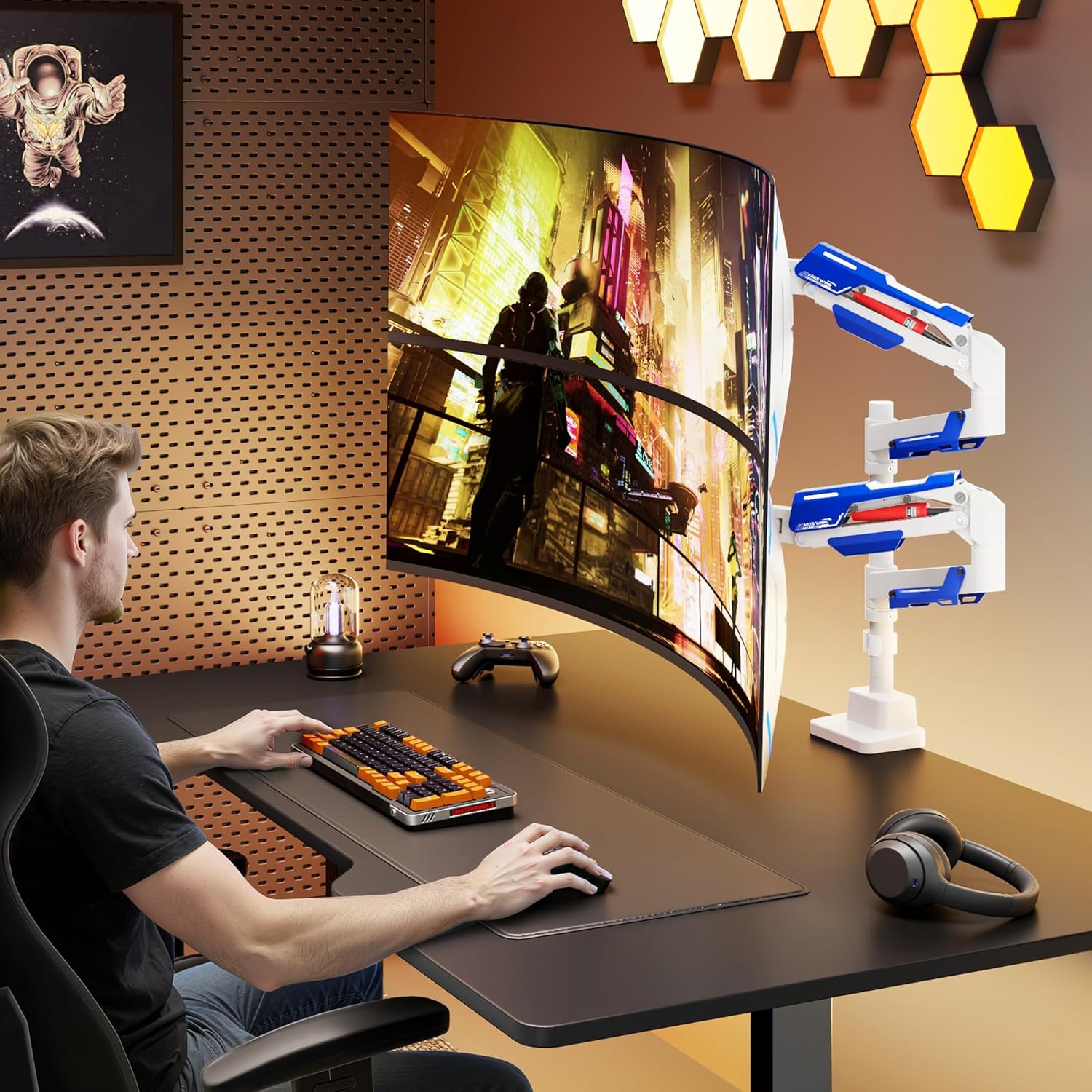 ARES WING Vertical Dual Monitor Mount - 24-57" Aluminum Heavy Duty Monitor Arms for 2 Monitors, Fully Adjustable Gas Spring Stacked Monitor Stand with 75/100/200 Vesa Mount, White