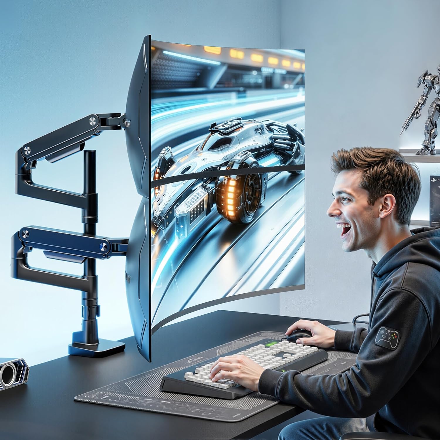 ARES WING Extra Tall Dual Monitor Arm Desk Mount for 17-49 inch Ultrawide Monitors, Heavy Duty Dual Monitor Stand Holds 44 lbs, Full Motion Vertical Stacked Monitor Mount, 75/100 VESA Mount, Black