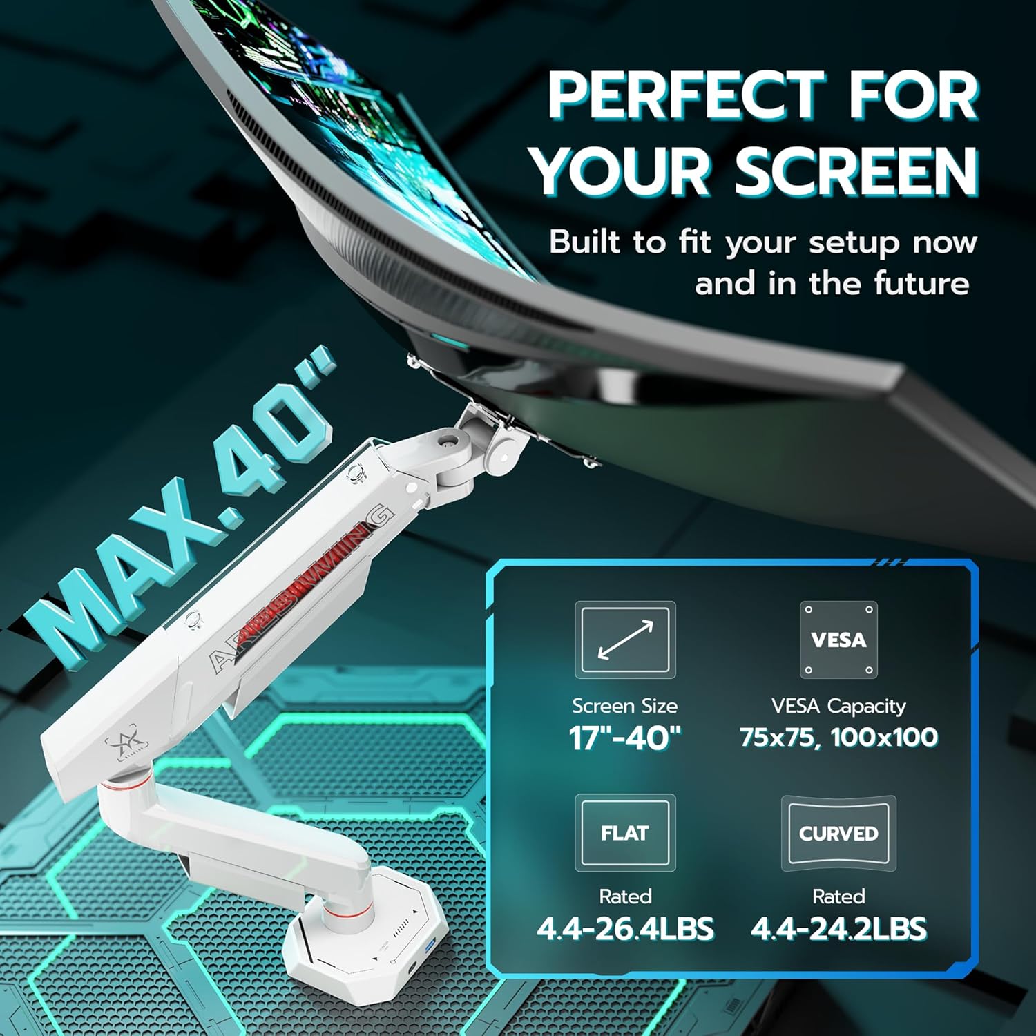 ARES WING Heavy Duty Single Monitor Arm, Fully Adjustable Single Monitor Mount for 17-40 Inch Flat Curved Ultrawide Screens Up to 26.5lbs with USB A/C, C-Clamp & Grommet Base, 75/100 Vesa Mount, White