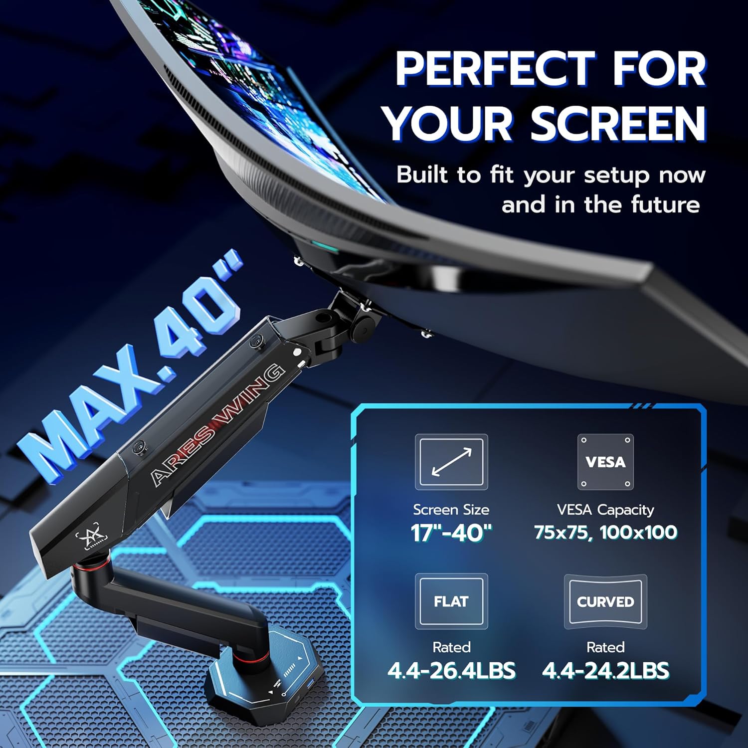 ARES WING Heavy Duty Single Monitor Arm, Fully Adjustable Single Monitor Mount for 17-40 Inch Flat Curved Ultrawide Screens Up to 26.5lbs with USB A/C, C-Clamp & Grommet Base, 75/100 Vesa Mount, Black