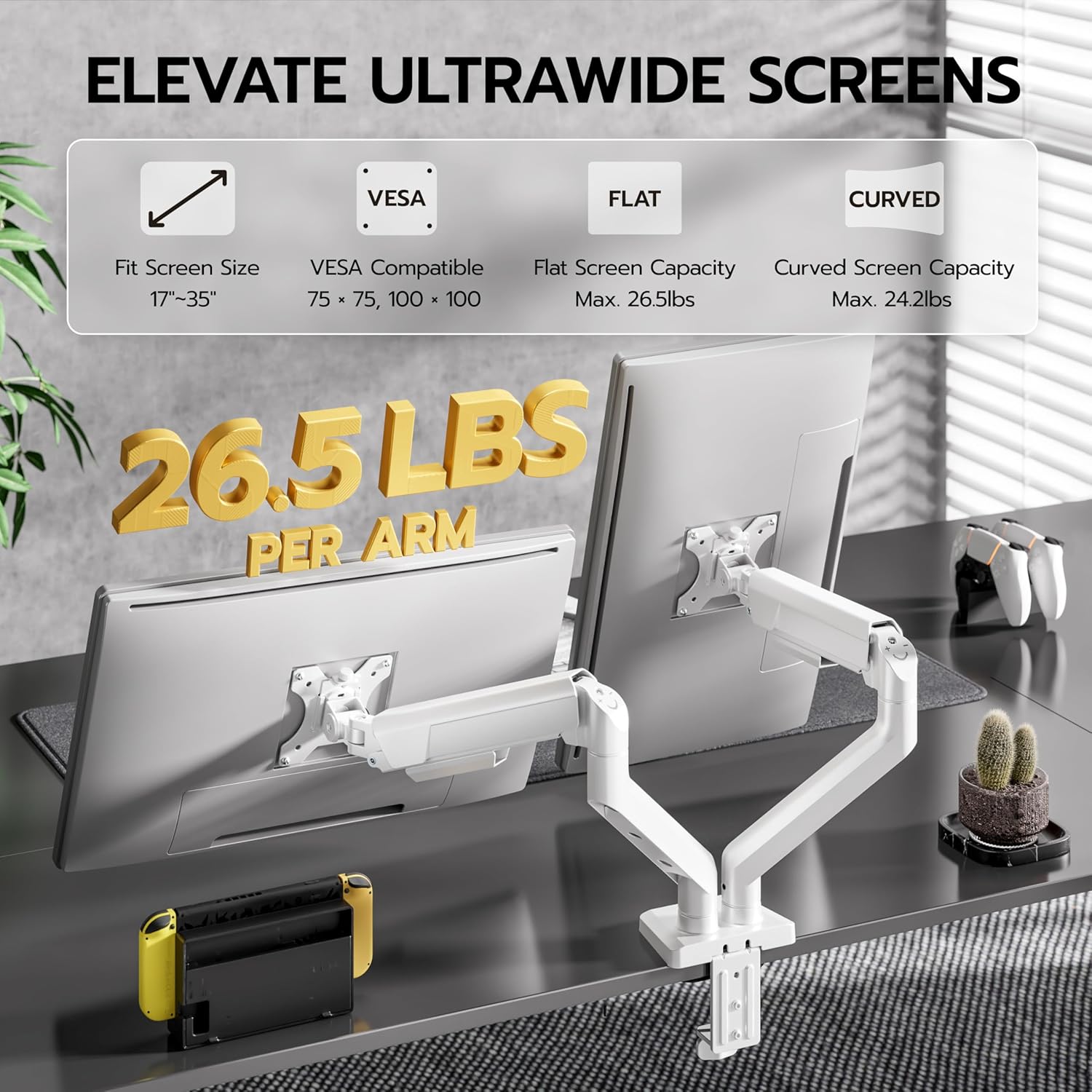 ARES WING Dual Monitor Mount, Heavy Duty Monitor Arms for 2 Monitors for 17-35 inch, Fully Adjustable Monitor Desk Stand with USB A/C for Ultrawide Screen, VESA 75x75 or 100x100mm, White