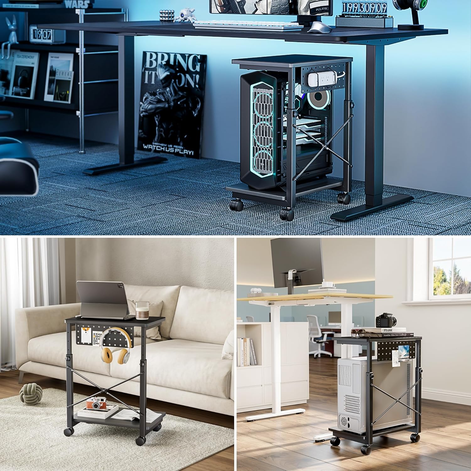 ARES WING Height Adjustable Computer Tower Stand, 2-Tier PC Tower Stand for Most PC, CPU Holder Cart with Locking Wheels for Gaming Home Office, 21.7