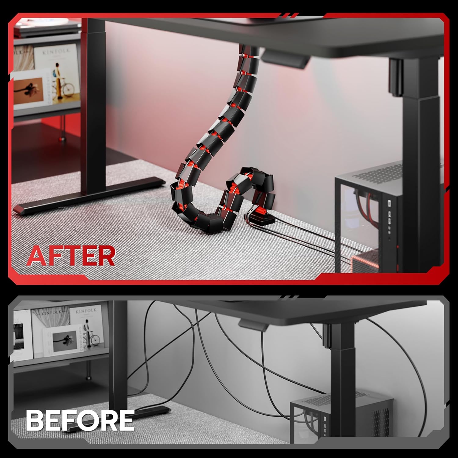 ARES WING Under Desk Cable Management Spine, Clamp On Vertebrae Cable Management for Standing Desk, Length Adjustable Cord Organizer with 20 Modular Vertebrae for Office and Gaming Desks, Red