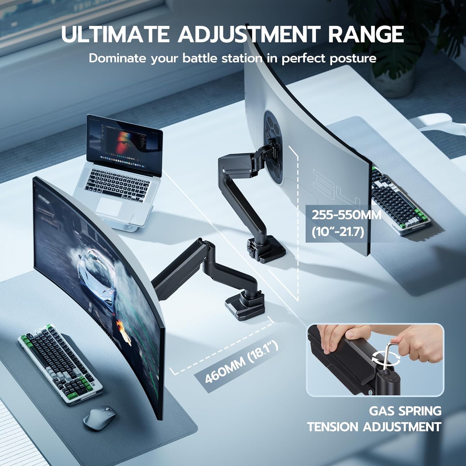 ARES WING Ultrawide Monitor Arm, Heavy Duty Single Monitor Mount for 13"-49" Curved Screens, Adjustable Stand for Desk with C-clamp & Grommet Base up to 40 LBS, Black