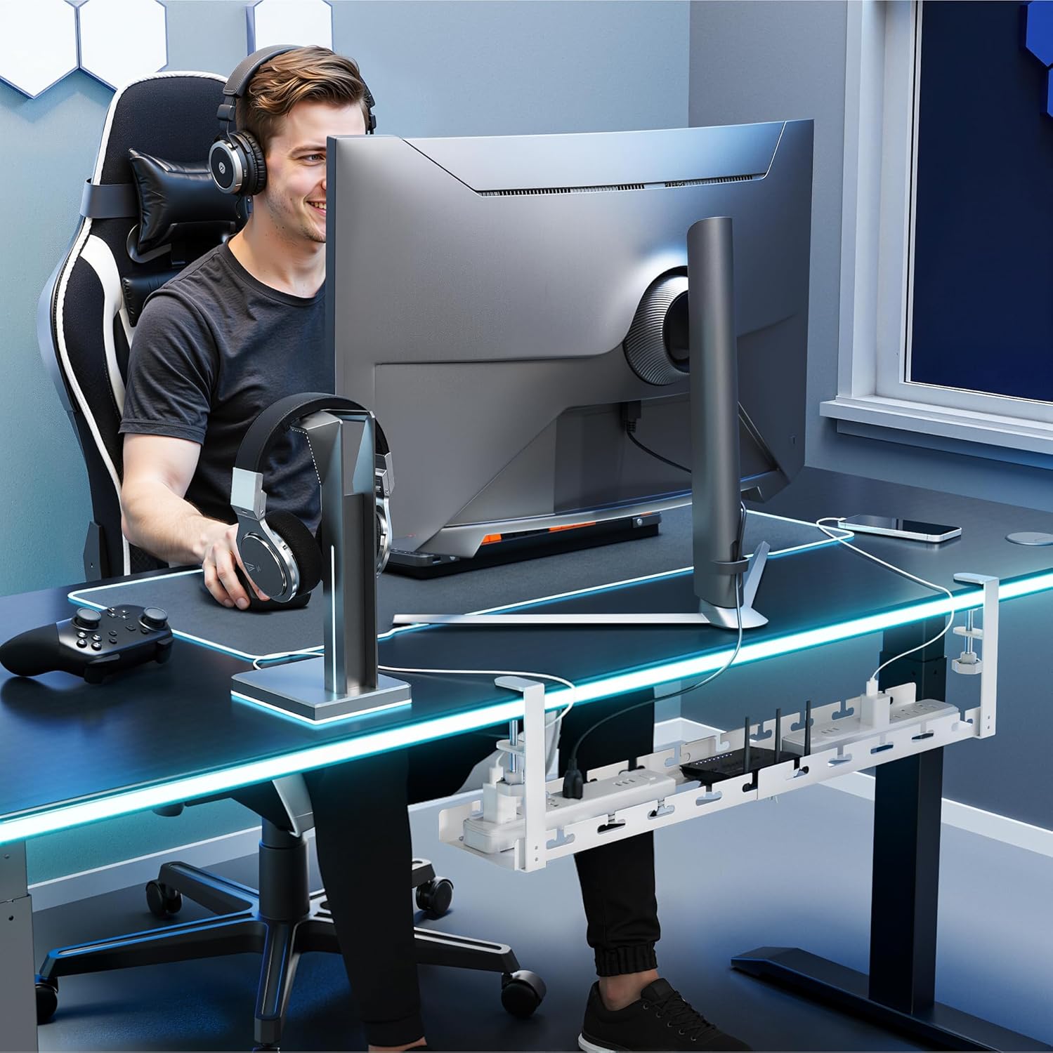 ARES WING 17"-28.7" Extendable Under Desk Cable Management Tray with Cable Slots, Clamp On Cord Organizer Holds Up to 11 lbs, White Metal Under Desk Storage for Office and Gaming Accessories