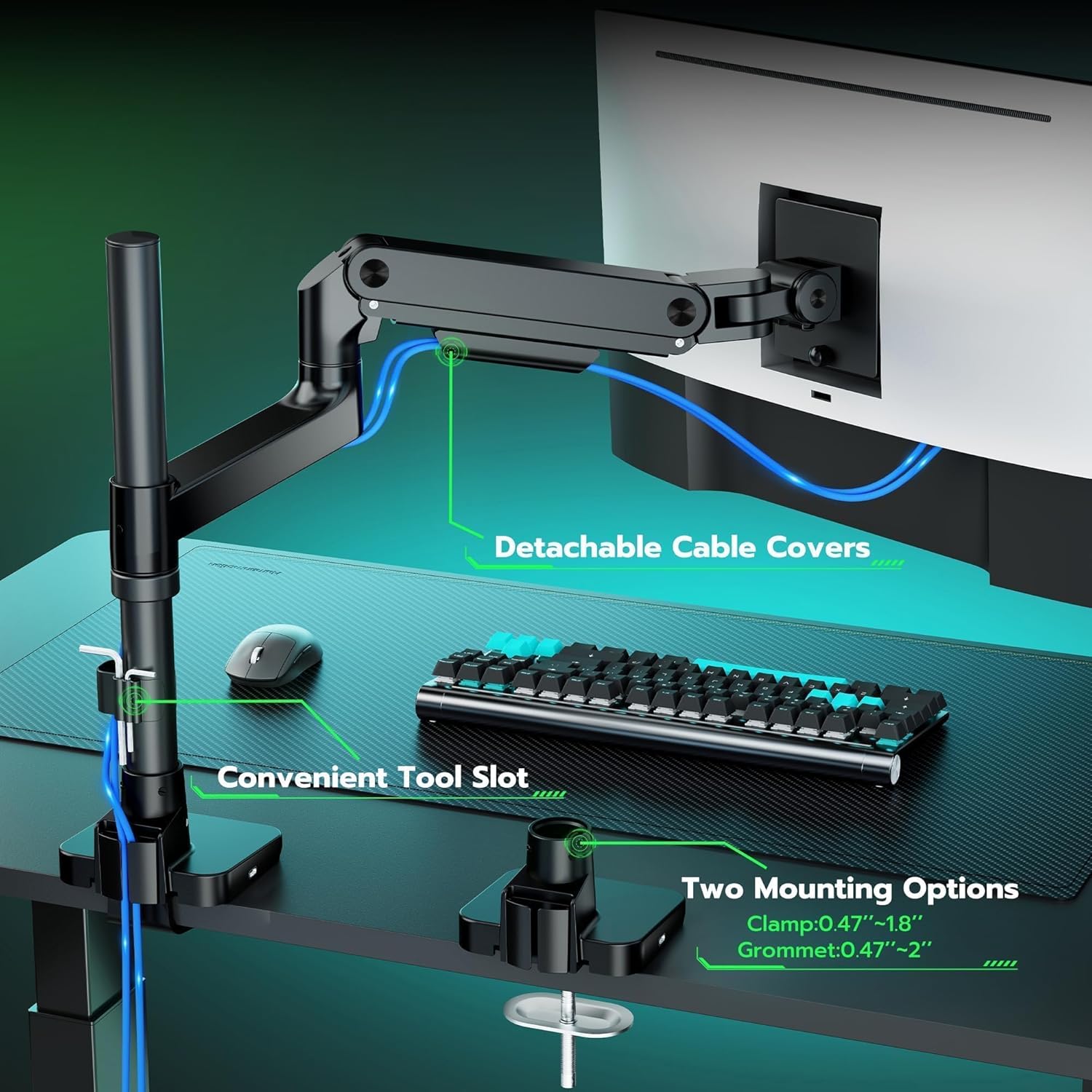 ARES WING Heavy Duty Monitor Arm with USB A/C, Tall Ultrawide Monitor Arm for 17 to 49 Inch Screen, Holds 44 Lbs, Adjustable Gas Spring Desk Mount, Black