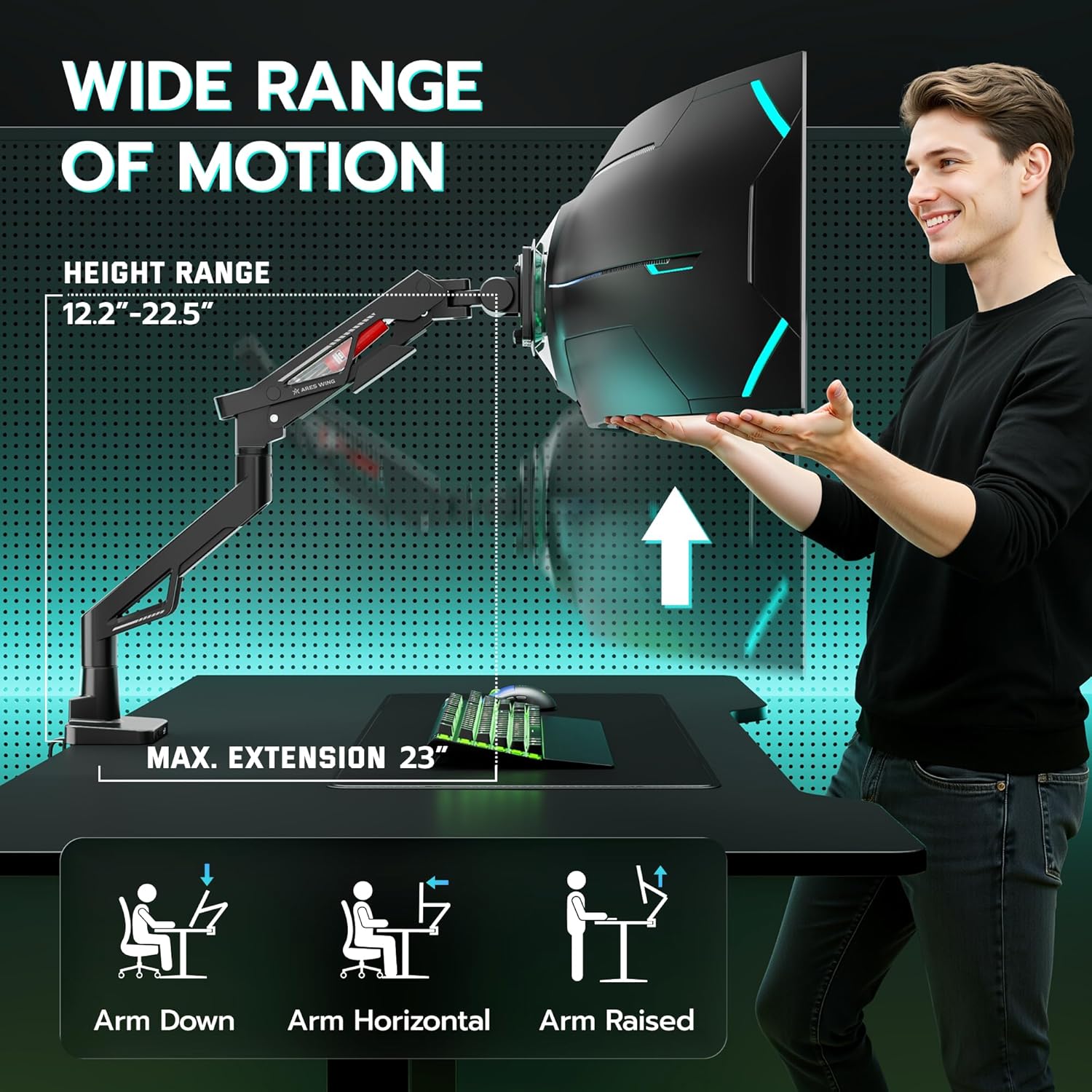 ARES WING Premium Monitor Arm, Ultrawide Monitor Stand up to 57“ and 66 Lbs, Gas Sprinq Monitor Mount with USB, Height Adjustable Arms Monitor Stand, Various VESA Mount with Clamp/Grommet Base