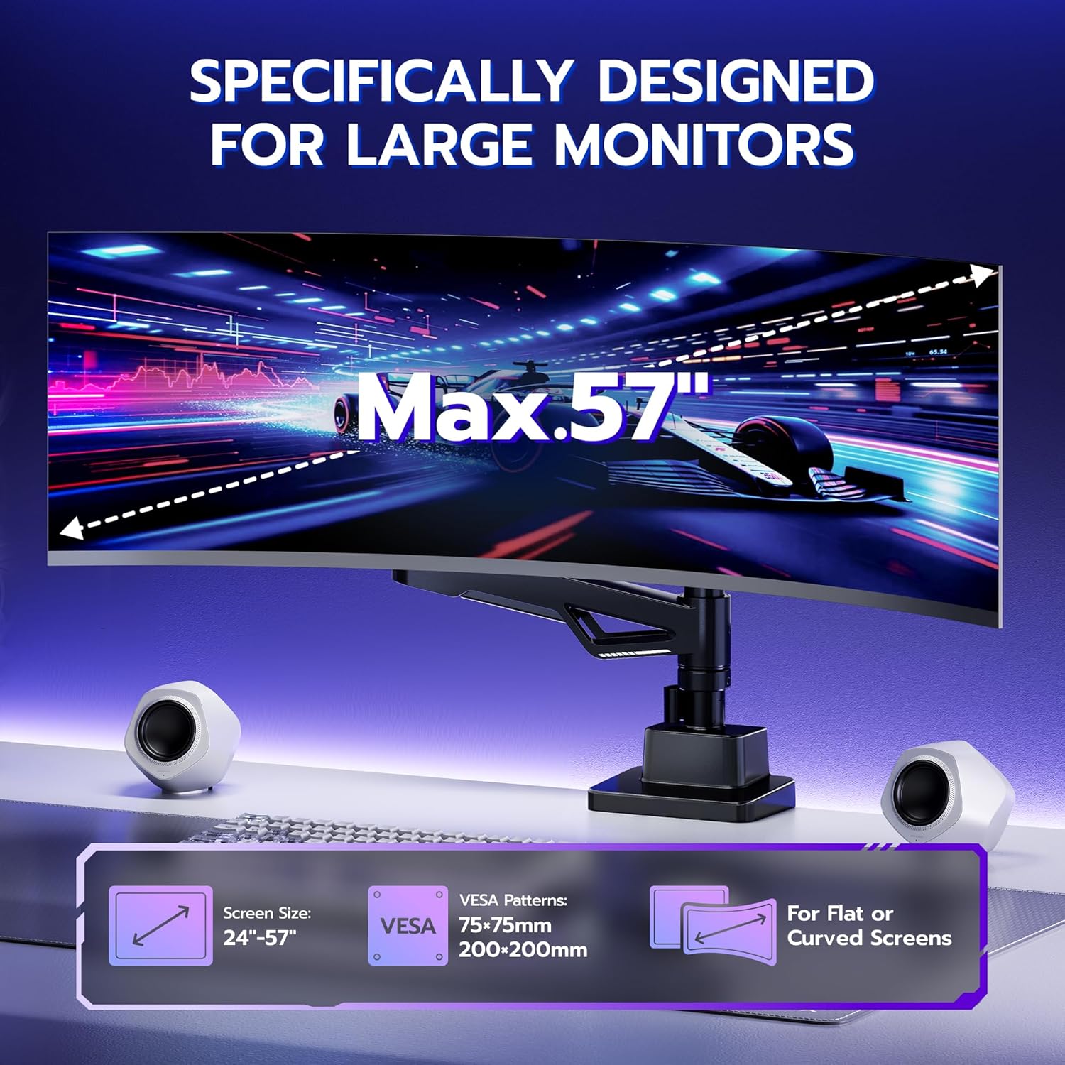 ARES WING Heavy Duty Monitor Arm, Ultrawide Monitor Stand up to 57” and 66 Lbs, Gas Sprinq Monitor Mount Height Adjustable Arms Monitor Stand for Desk Various VESA Mount with Clamp/Grommet Base