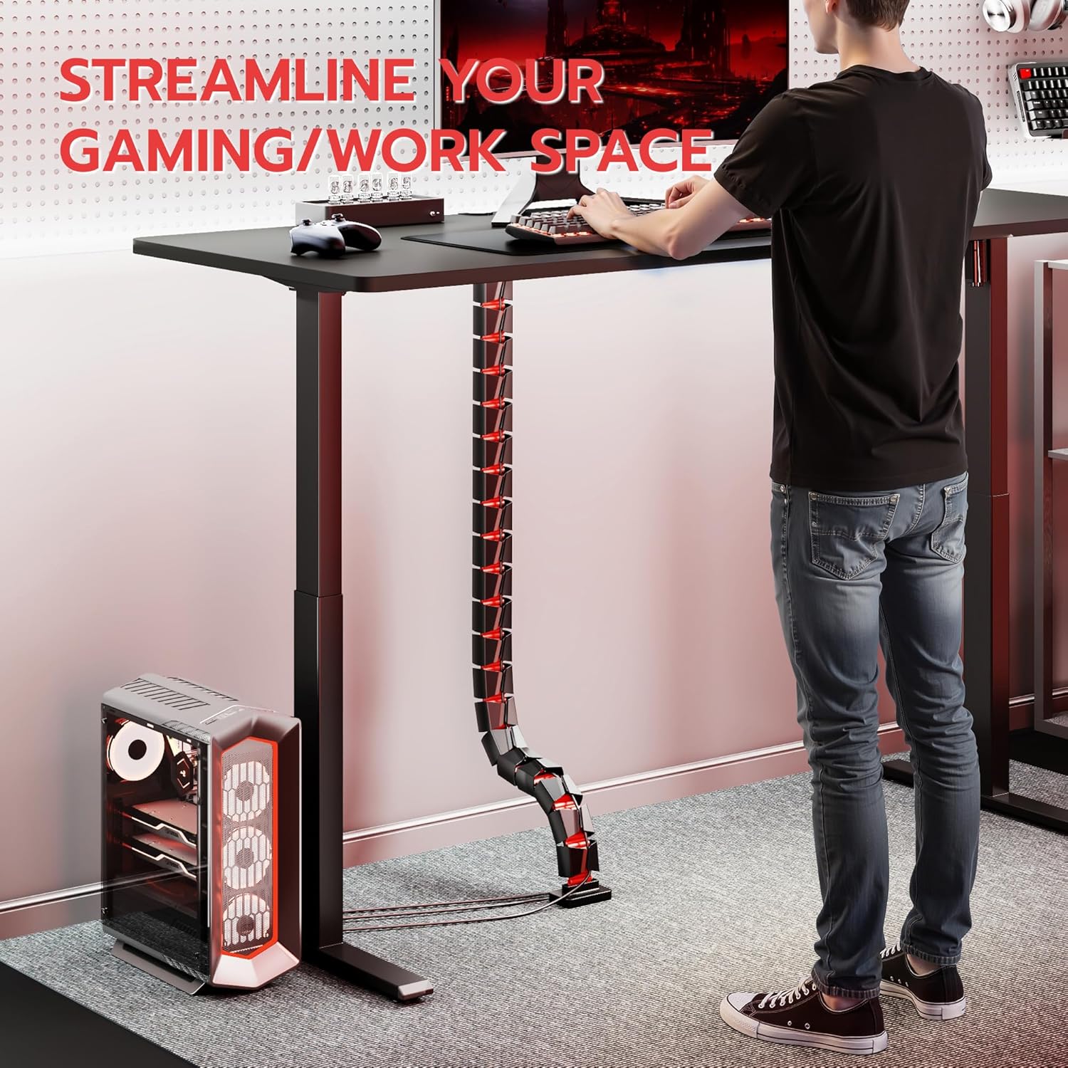 ARES WING Under Desk Cable Management Spine, Clamp On Vertebrae Cable Management for Standing Desk, Length Adjustable Cord Organizer with 20 Modular Vertebrae for Office and Gaming Desks, Red