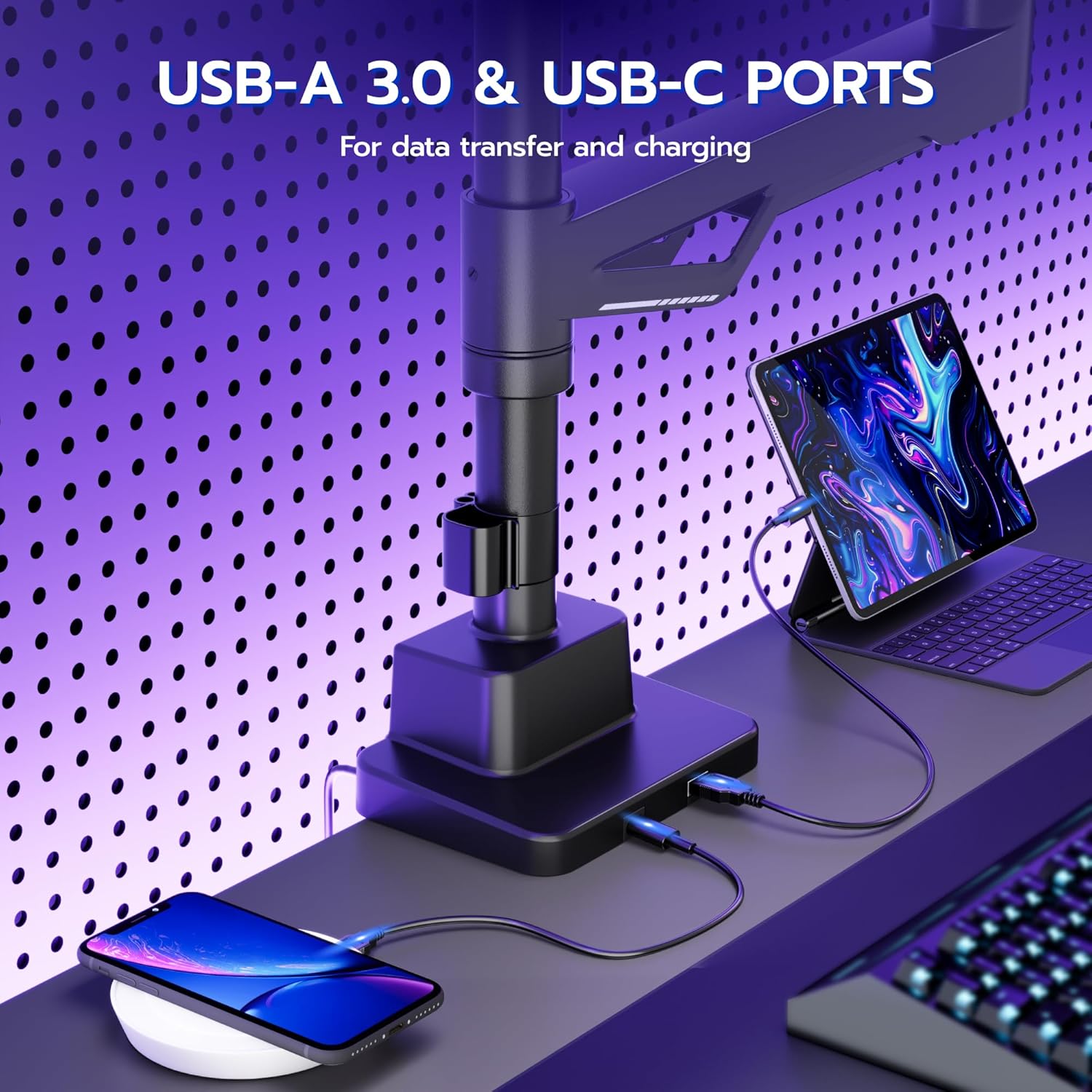 ARES WING Heavy Duty Monitor Arm, Ultrawide Monitor Stand up to 57“ and 66 Lbs, Gas Sprinq Monitor Mount with USB, Height Adjustable Arms Monitor Stand, Various VESA Mount with Clamp/Grommet Base