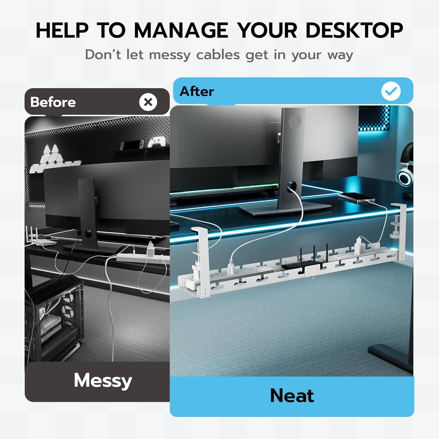 ARES WING 17"-28.7" Extendable Under Desk Cable Management Tray with Cable Slots, Clamp On Cord Organizer Holds Up to 11 lbs, White Metal Under Desk Storage for Office and Gaming Accessories