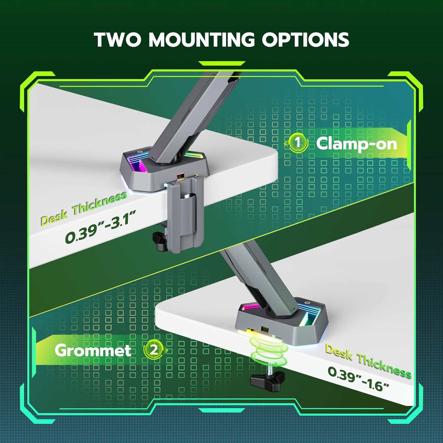 ARES WING RGB Single Monitor Arm Desk Mount for 17-45 inches Flat and Curved Monitors, Holds 35.2 lbs Heavy Duty, Adjustable Ultrawide Monitor Arm with Clamp & Grommet Base, 75/100 VESA Mount, Gray