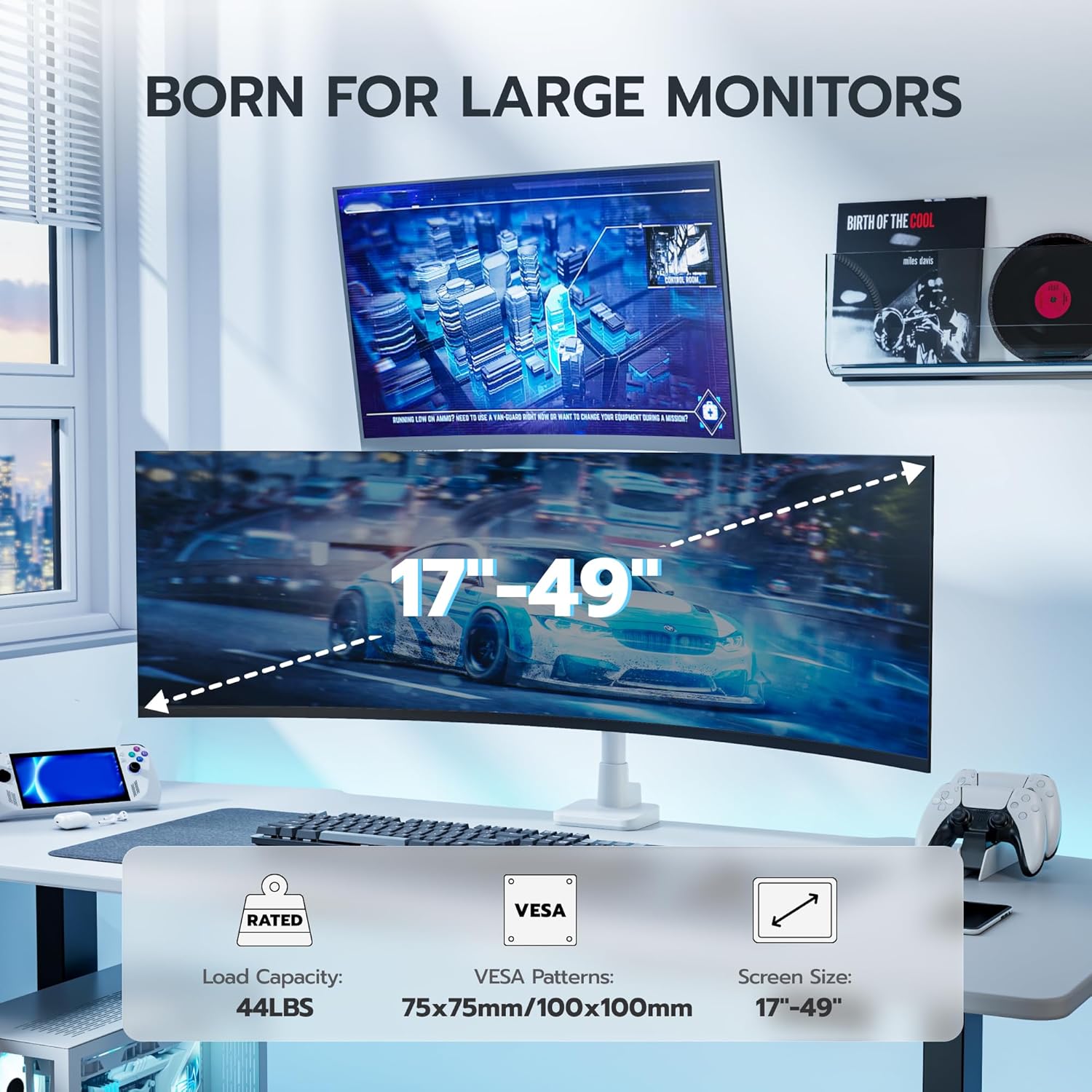 ARES WING Dual Monitor Mount for 17-49 Inch Ultrawide Heavy Duty Curved Screen, Computer Monitor Arm Desk Mount, Gas Spring Adjustable Dual Monitor Stand for Desk, White