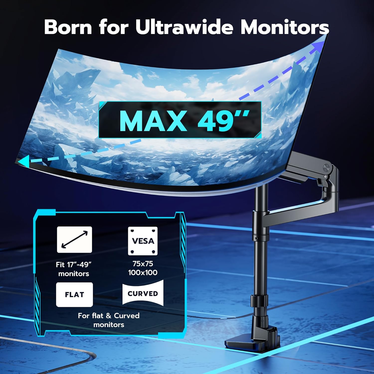 ARES WING Heavy-Duty Monitor Mount for 17-49 inches Ultrawide Curved Flat Monitors, Holds 44lbs, with 18