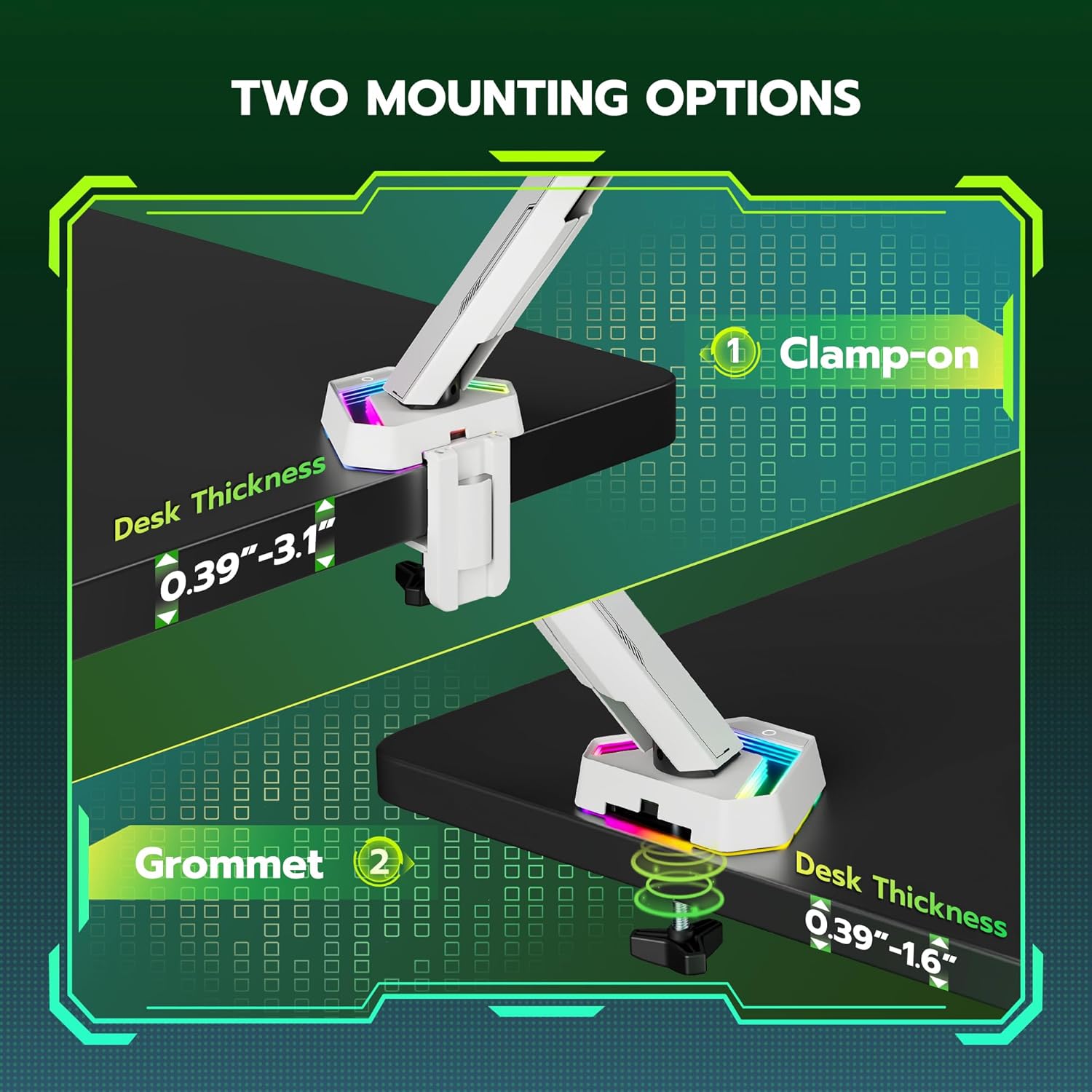 ARES WING RGB Single Monitor Arm Desk Mount for 17-45 inches Flat and Curved Monitors, Holds 35.2 lbs Heavy Duty, Adjustable Ultrawide Monitor Arm with Clamp & Grommet Base, 75/100 VESA Mount, White