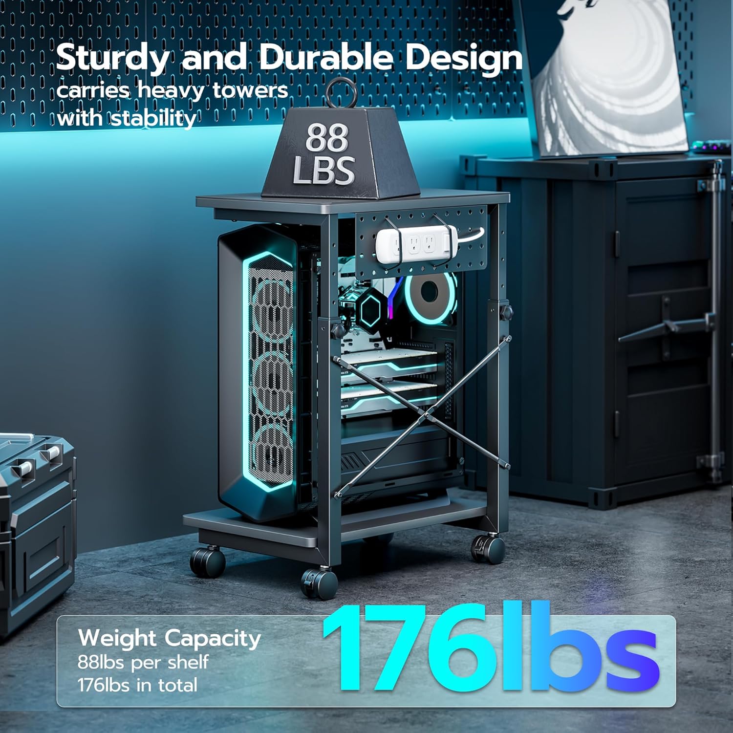 ARES WING Height Adjustable Computer Tower Stand, 2-Tier PC Tower Stand for Most PC, CPU Holder Cart with Locking Wheels for Gaming Home Office, 21.7