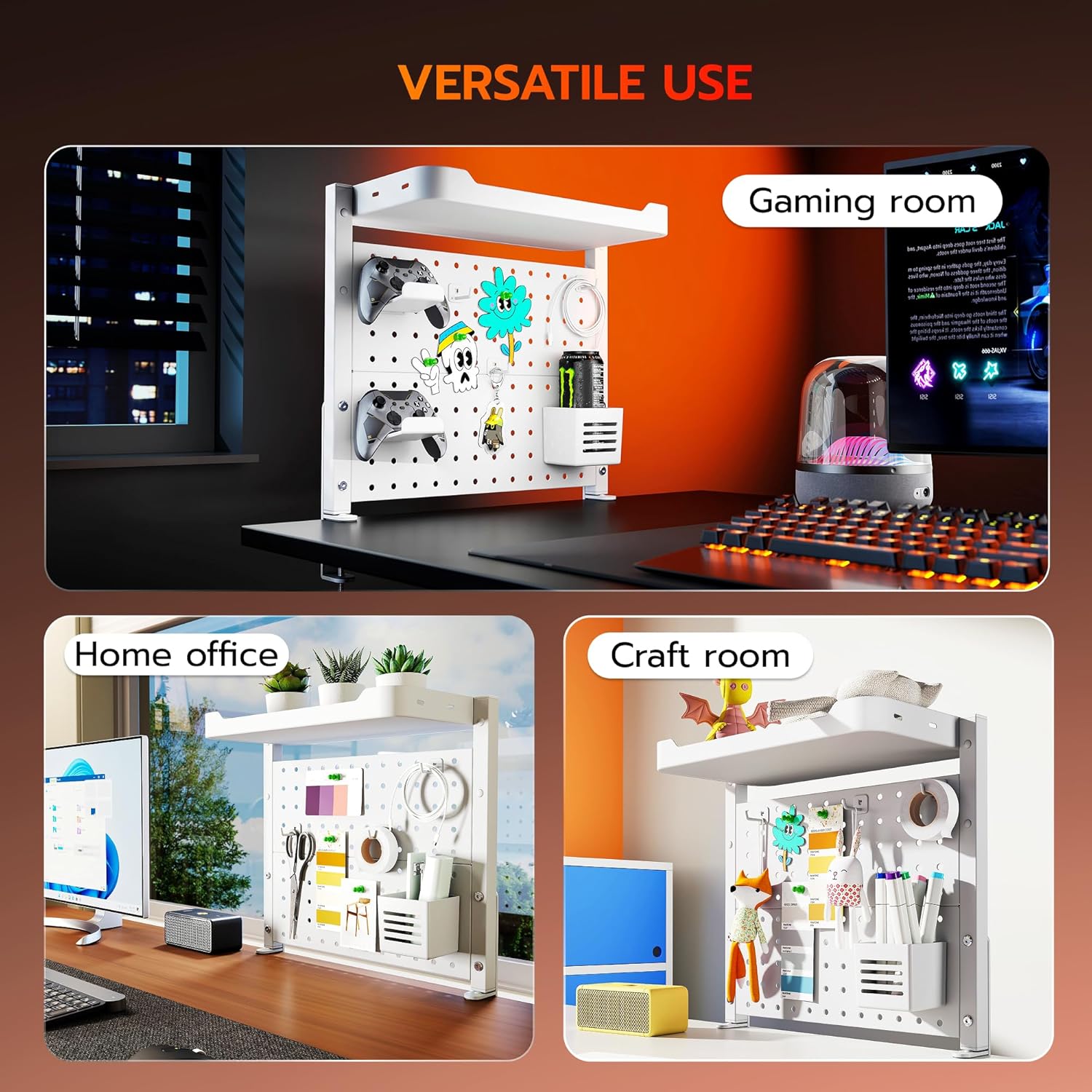 ARES WING Clamp On Desk Pegboard with 16 inches Organizer Shelf, Adjustable Above or Under Desk Storage Shelf Holds 44 lbs, Magnetic Metal Peg Board for Office and Gaming Accessories, White