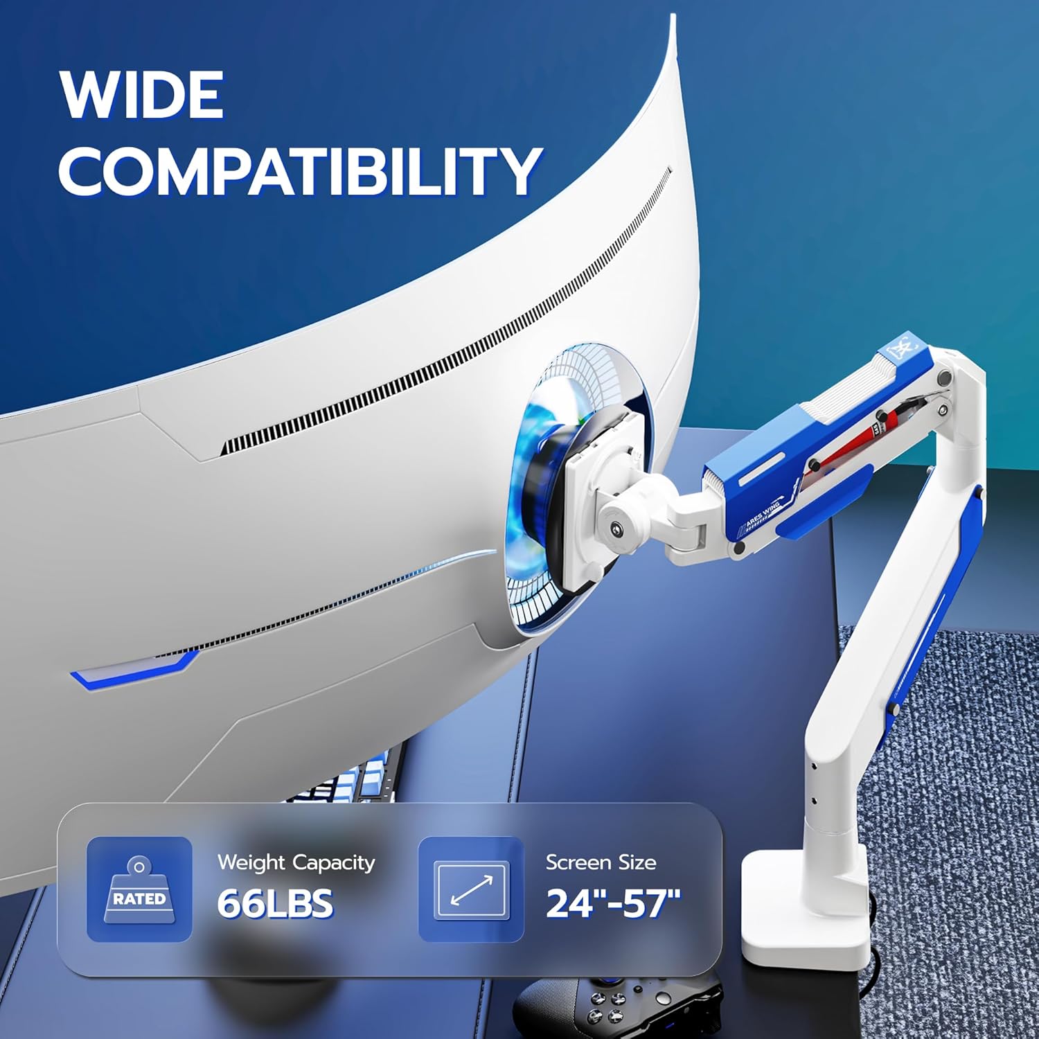 ARES WING Heavy Duty Ultrawide Monitor Arm - Gas Spring Aluminum Monitor Mount with USB for 24"-57" Curved Screens up to 66 lbs with Clamp/Grommet Desk Mount, 75/100/200 Vesa Mount, White