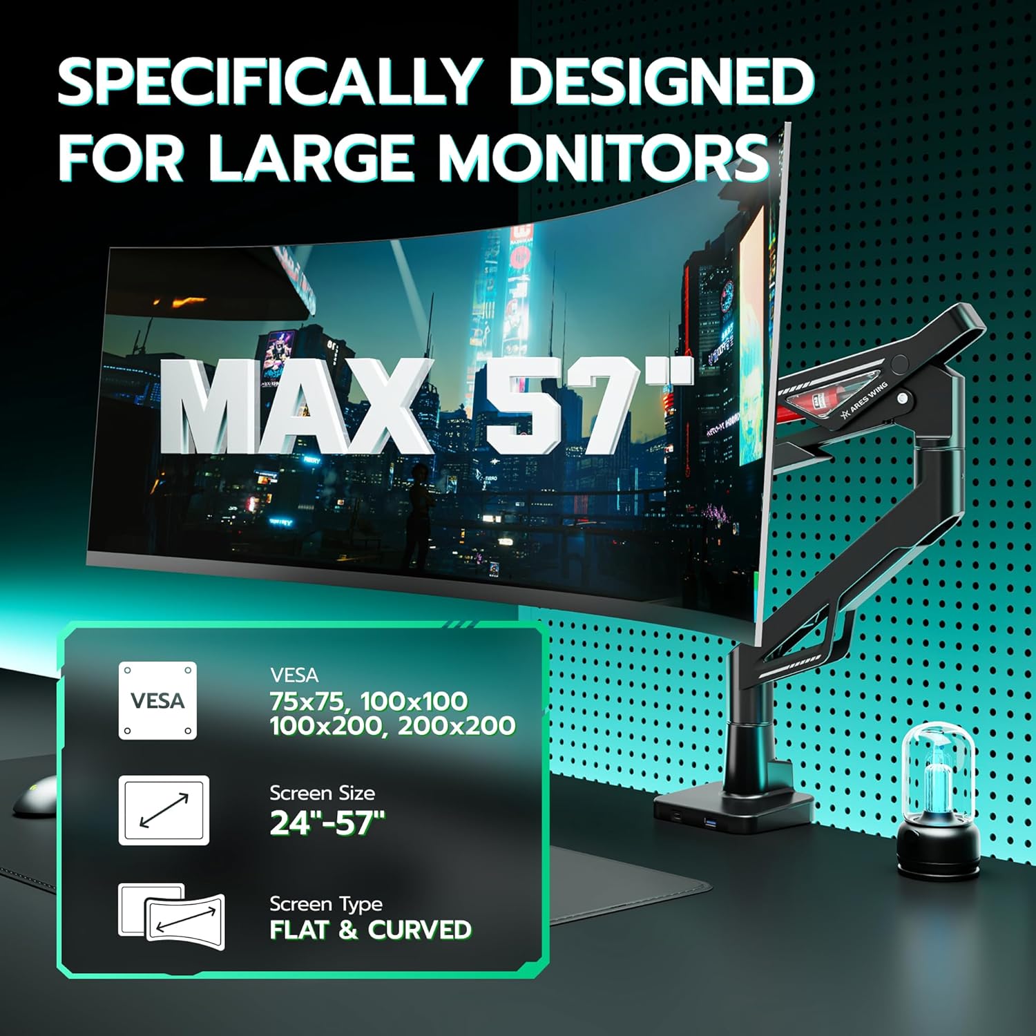 ARES WING Premium Monitor Arm, Ultrawide Monitor Stand up to 57“ and 66 Lbs, Gas Sprinq Monitor Mount with USB, Height Adjustable Arms Monitor Stand, Various VESA Mount with Clamp/Grommet Base