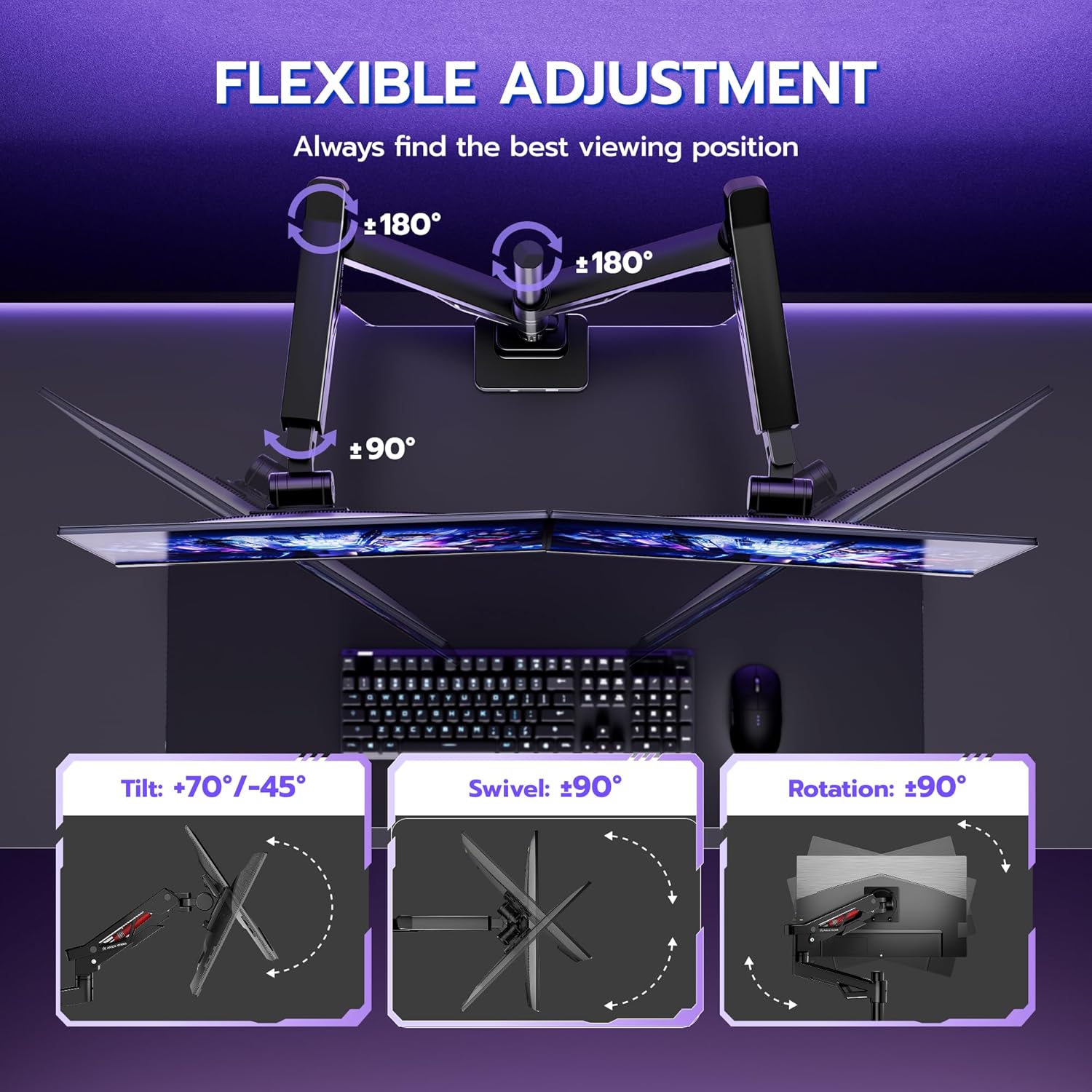 ARES WING Premium Monitor Arm, Ultrawide Monitor Stand up to 57'' and 60 Lbs per Screen, Heavy Duty Gas Sprinq Dual Monitor Mount Adjustable Arms with USB, Various VESA Mount with Clamp/Grommet Base