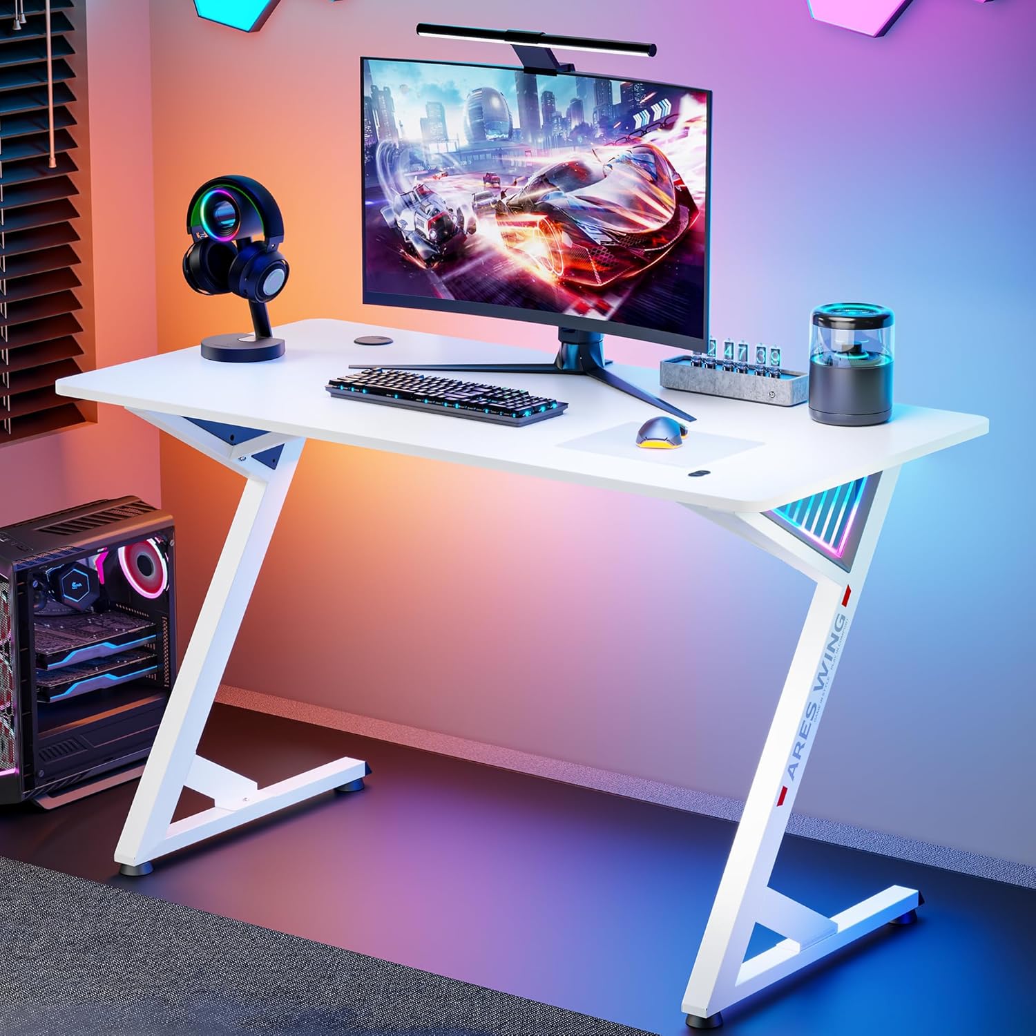 ARES WING 47 Inch Gaming Desk, Ergonomic Computer Desk with LED Light and DIY Control Cable, Gaming Table Carbon Fiber Surface for Home and Office, White