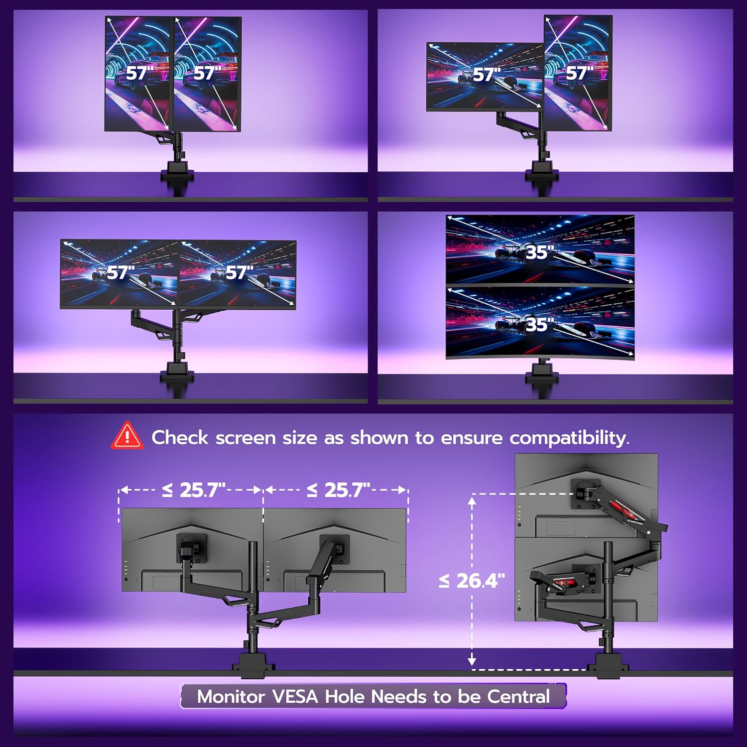 ARES WING Premium Monitor Arm, Ultrawide Monitor Stand up to 57'' and 60 Lbs per Screen, Heavy Duty Gas Sprinq Dual Monitor Mount Adjustable Arms, Various VESA Mount with Clamp/Grommet Base