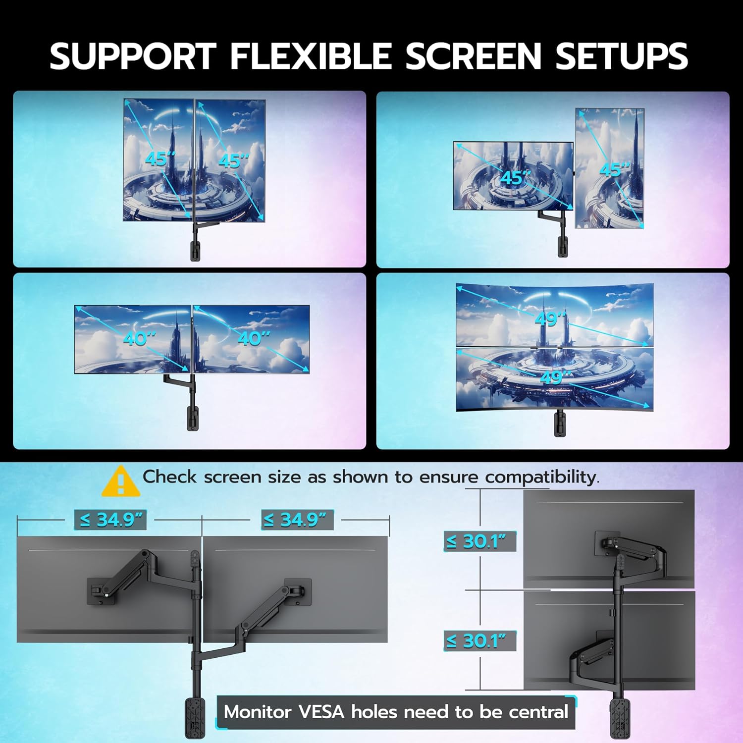 ARES WING Dual Monitor Wall Mount for 17-49 Inch Ultrawide Screens, Heavy Duty Wall Mount Monitor Arm Holds 44 lbs Each, Fully Adjustable Gas Spring Monitor Arm, 75x75/100x100 VESA Mount, Black
