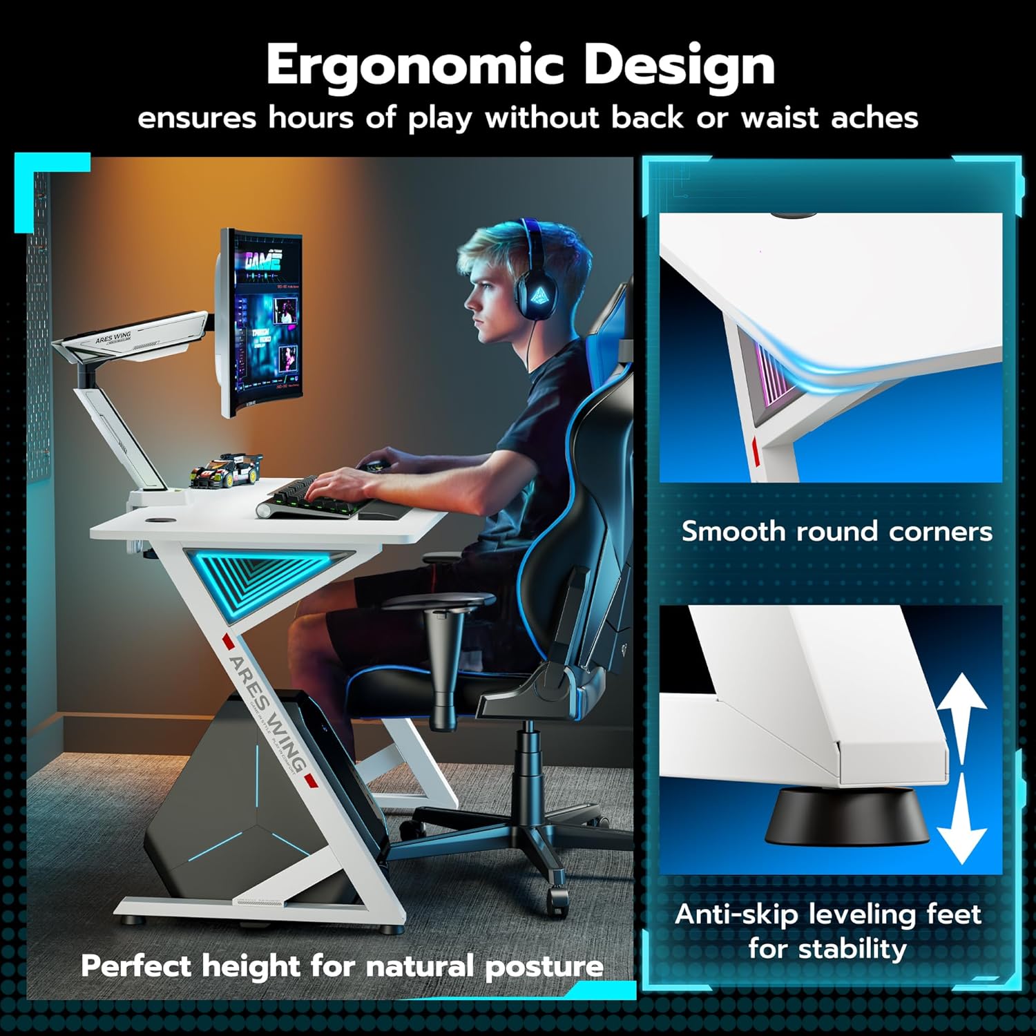 ARES WING 47 Inch Gaming Desk, Ergonomic Computer Desk with LED Light and DIY Control Cable, Gaming Table Carbon Fiber Surface for Home and Office, White
