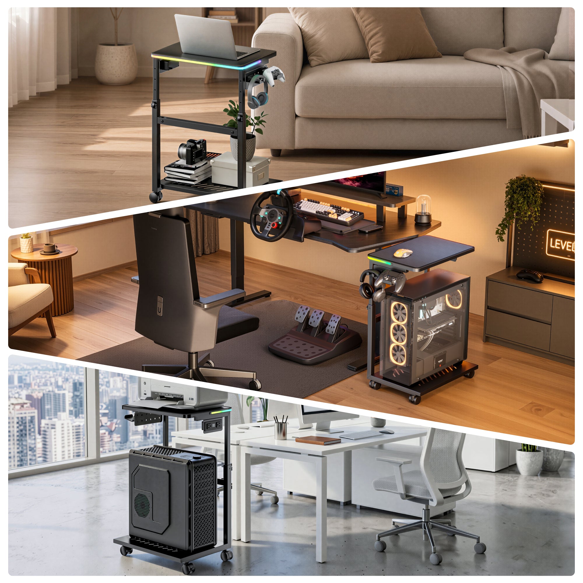 Height Adjustable Computer Tower Stand with RGB Light & USB Charging Port ARES WING