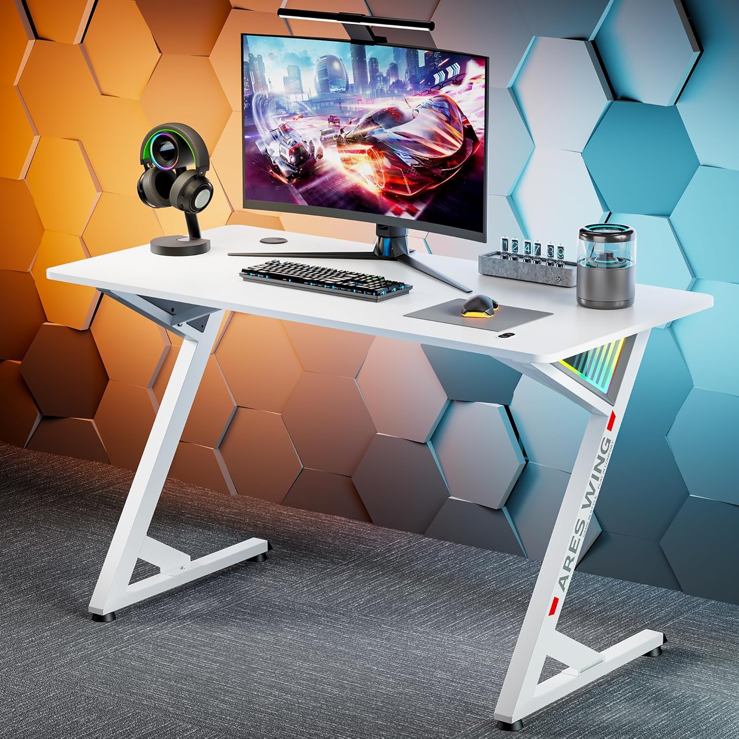 ARES WING 47 Inch Gaming Desk, Ergonomic Computer Desk with LED Light and DIY Control Cable, Gaming Table Carbon Fiber Surface for Home and Office, White
