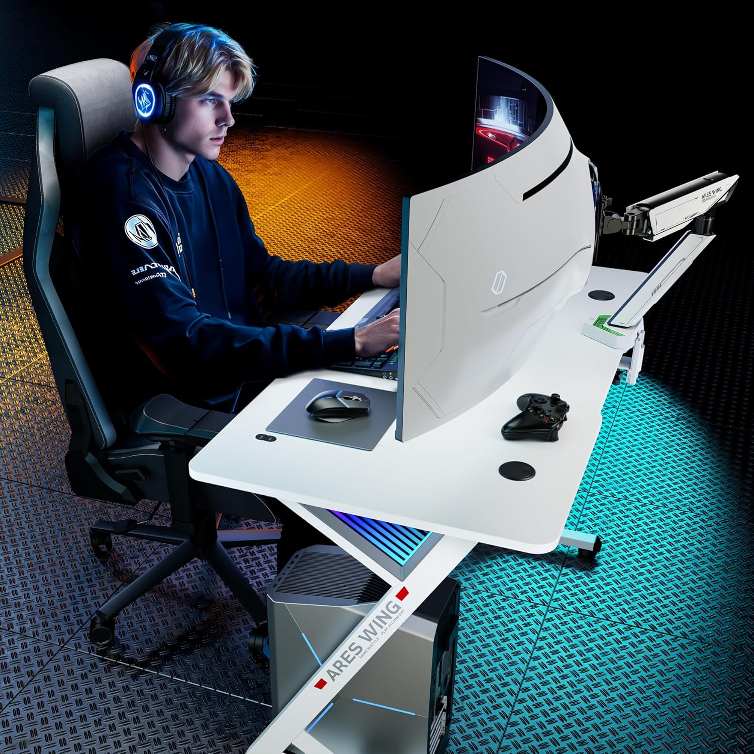 ARES WING 47 Inch Gaming Desk, Ergonomic Computer Desk with LED Light and DIY Control Cable, Gaming Table Carbon Fiber Surface for Home and Office, White