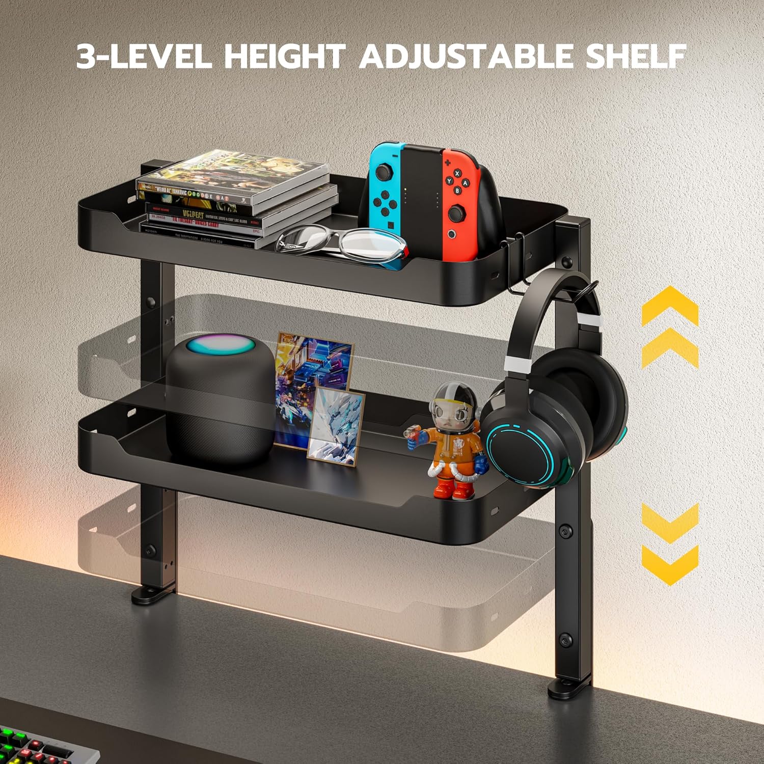 ARES WING 2-Tier Clamp On Desk Shelf, 16 inch Adjustable Above or Under Desk Storage Shelves Holds 44 lbs, Heavy Duty Desktop Organizer with Headphone Holder for Working and Gaming Accessories, Black