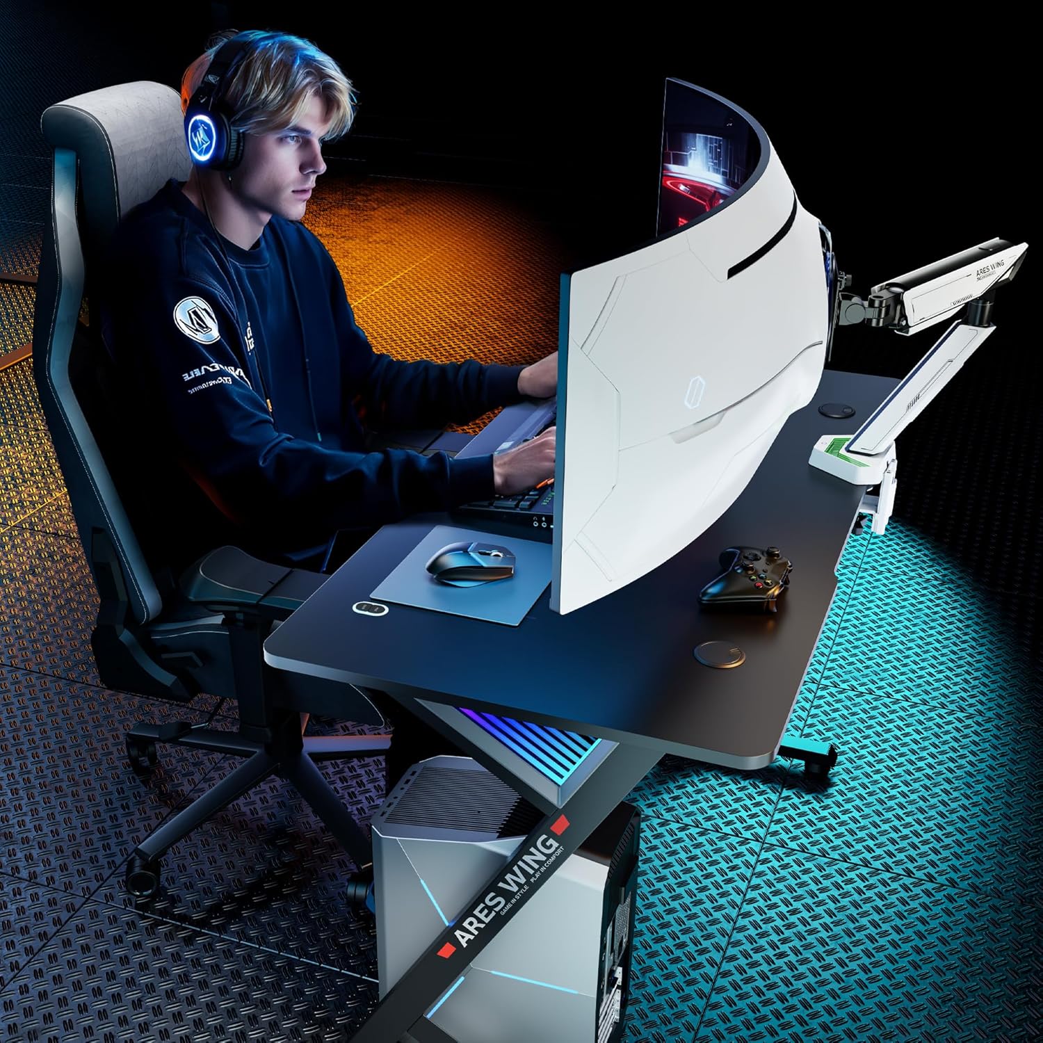 ARES WING 47 Inch Gaming Desk, Ergonomic Computer Desk with LED Light and DIY Control Cable, Gaming Table Carbon Fiber Surface for Home and Office, Black