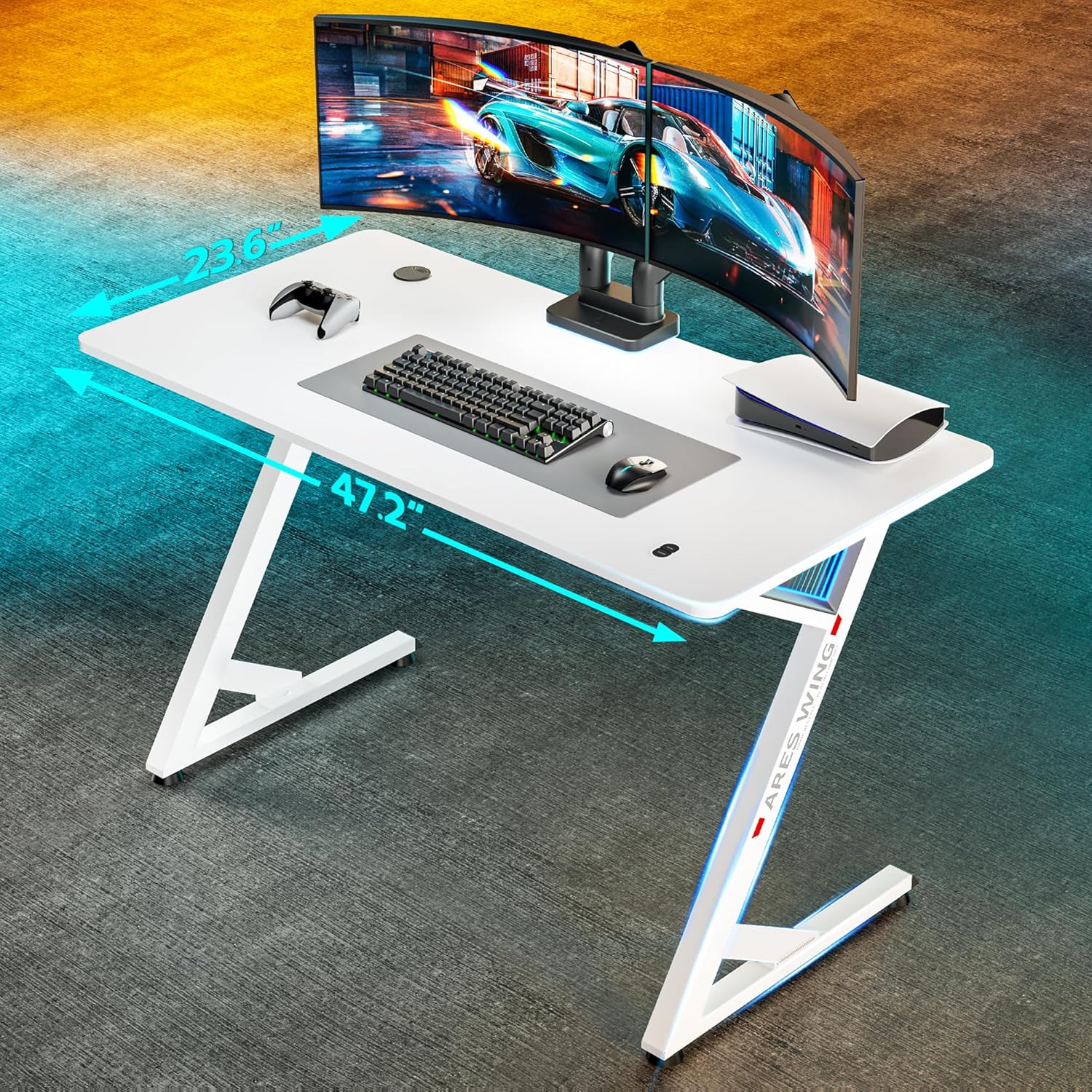 ARES WING 47 Inch Gaming Desk, Ergonomic Computer Desk with LED Light and DIY Control Cable, Gaming Table Carbon Fiber Surface for Home and Office, White