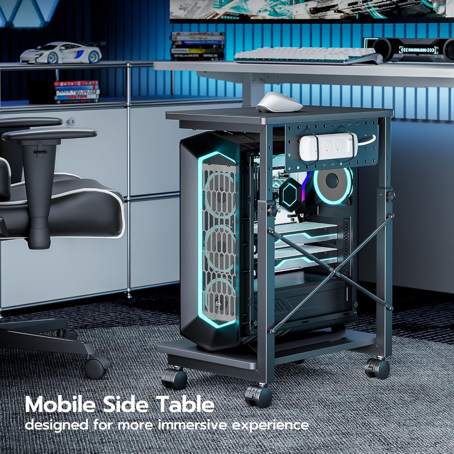 ARES WING Height Adjustable Computer Tower Stand, 2-Tier PC Tower Stand for Most PC, CPU Holder Cart with Locking Wheels for Gaming Home Office, 21.7