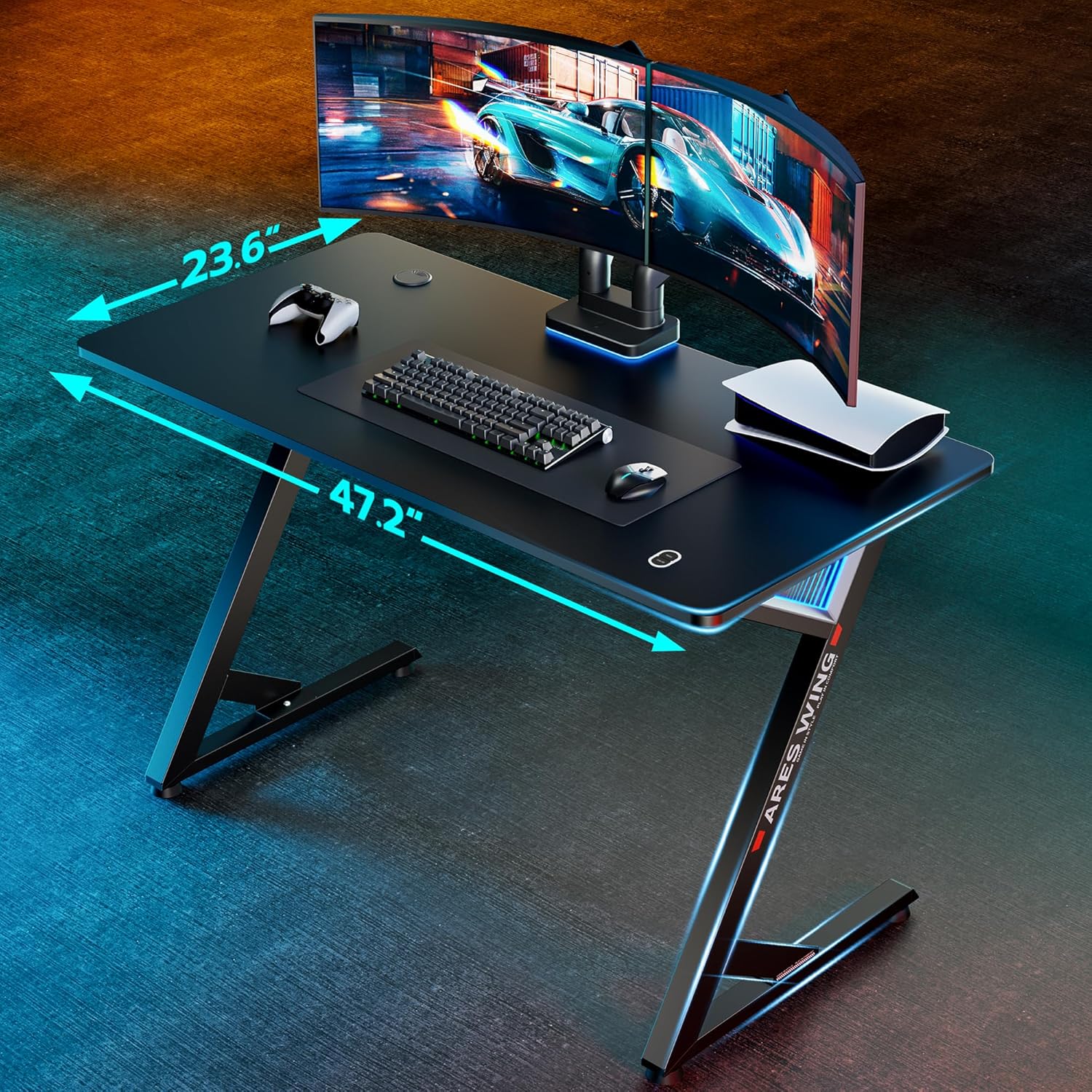 ARES WING 47 Inch Gaming Desk, Ergonomic Computer Desk with LED Light and DIY Control Cable, Gaming Table Carbon Fiber Surface for Home and Office, Black