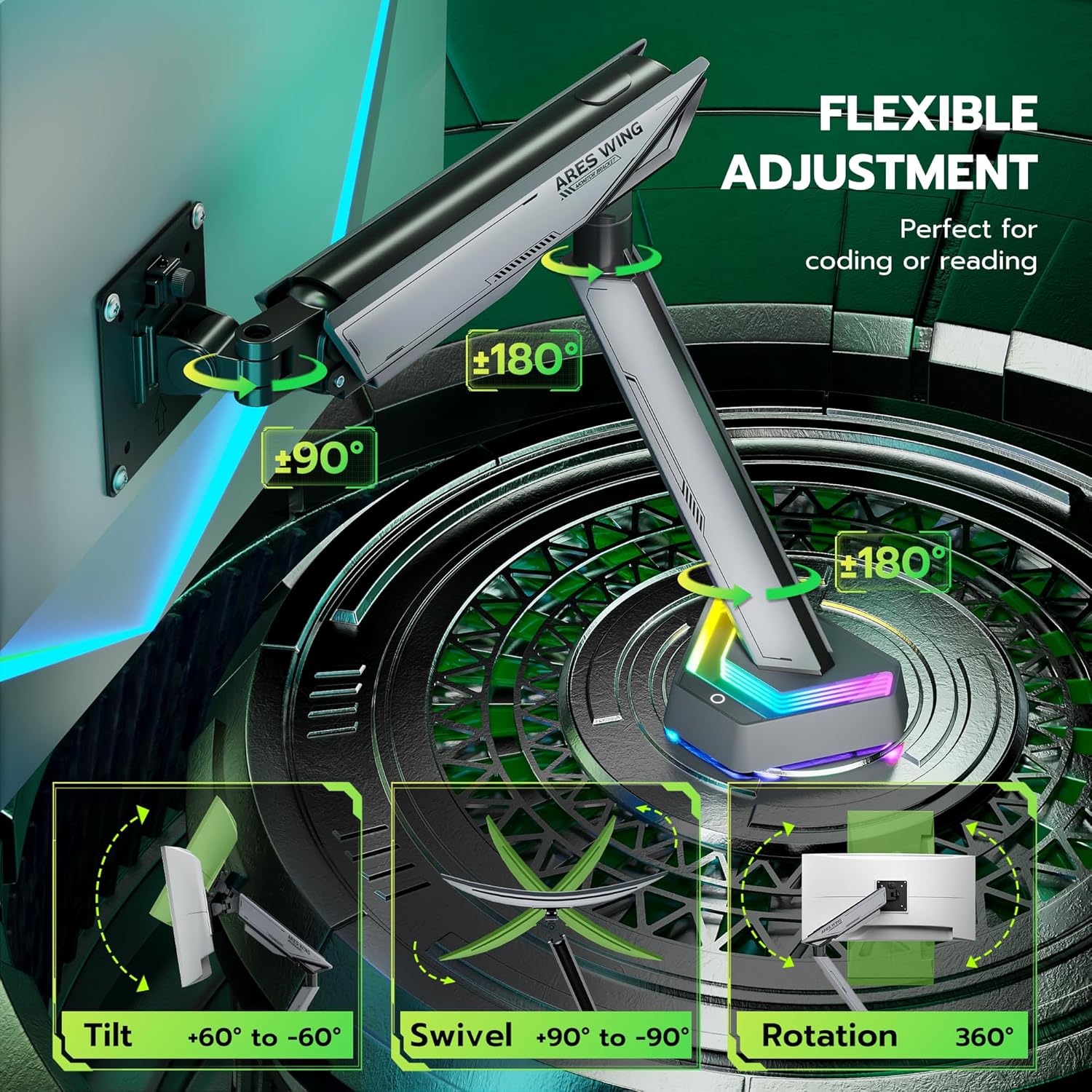 ARES WING RGB Single Monitor Arm Desk Mount for 17-45 inches Flat and Curved Monitors, Holds 35.2 lbs Heavy Duty, Adjustable Ultrawide Monitor Arm with Clamp & Grommet Base, 75/100 VESA Mount, Gray