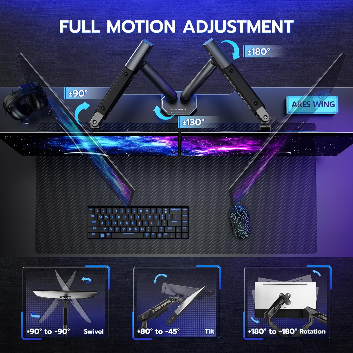 ARES WING Dual Monitor Arm for 17-35 Inch Flat Curved Ultrawide Screens Up to 26.5lbs, Fully Adjustable Dual Monitor Mount, C-Clamp & Grommet Base, 75/100 Vesa Mount, Black