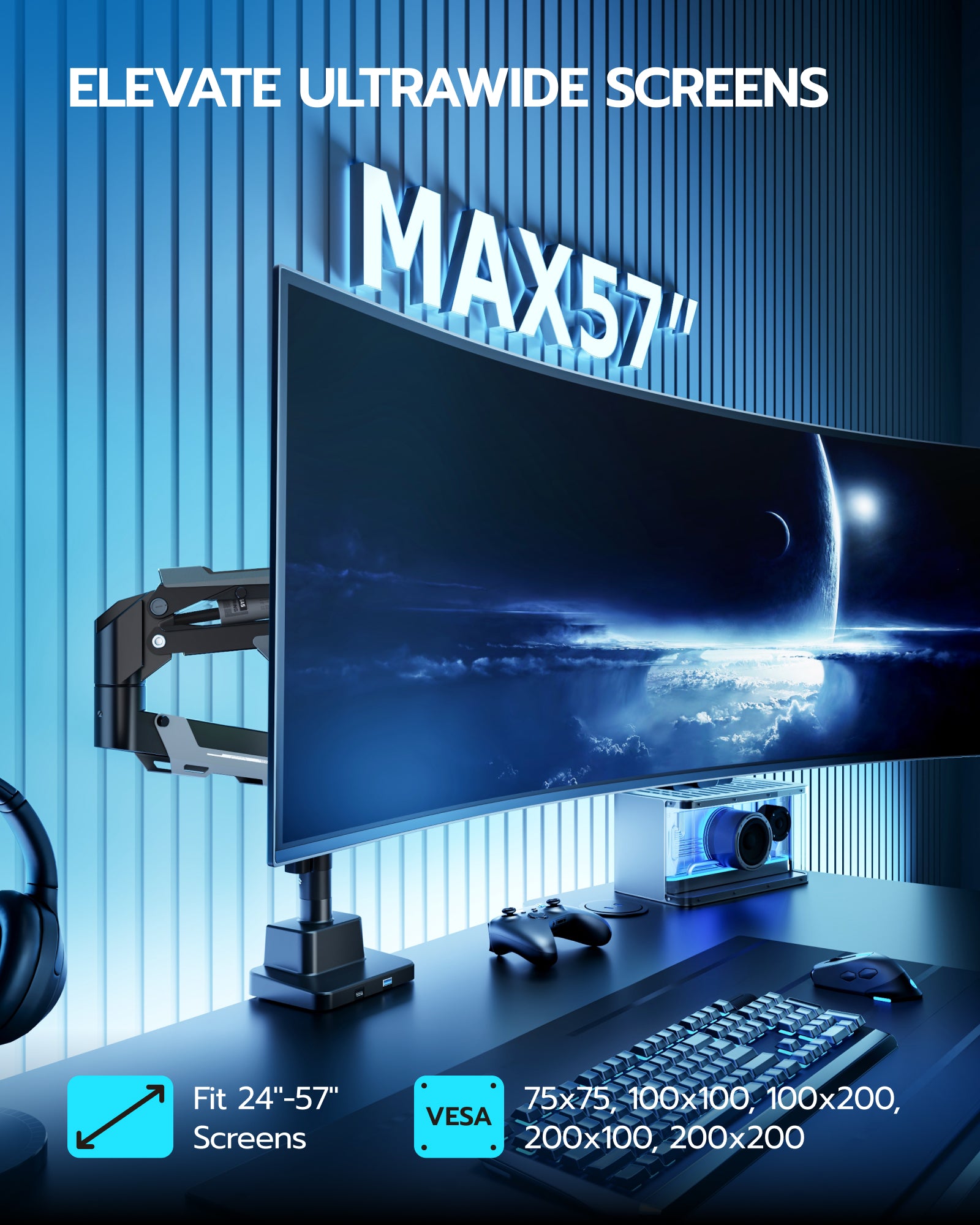 Single Monitor Mount with USB - Black