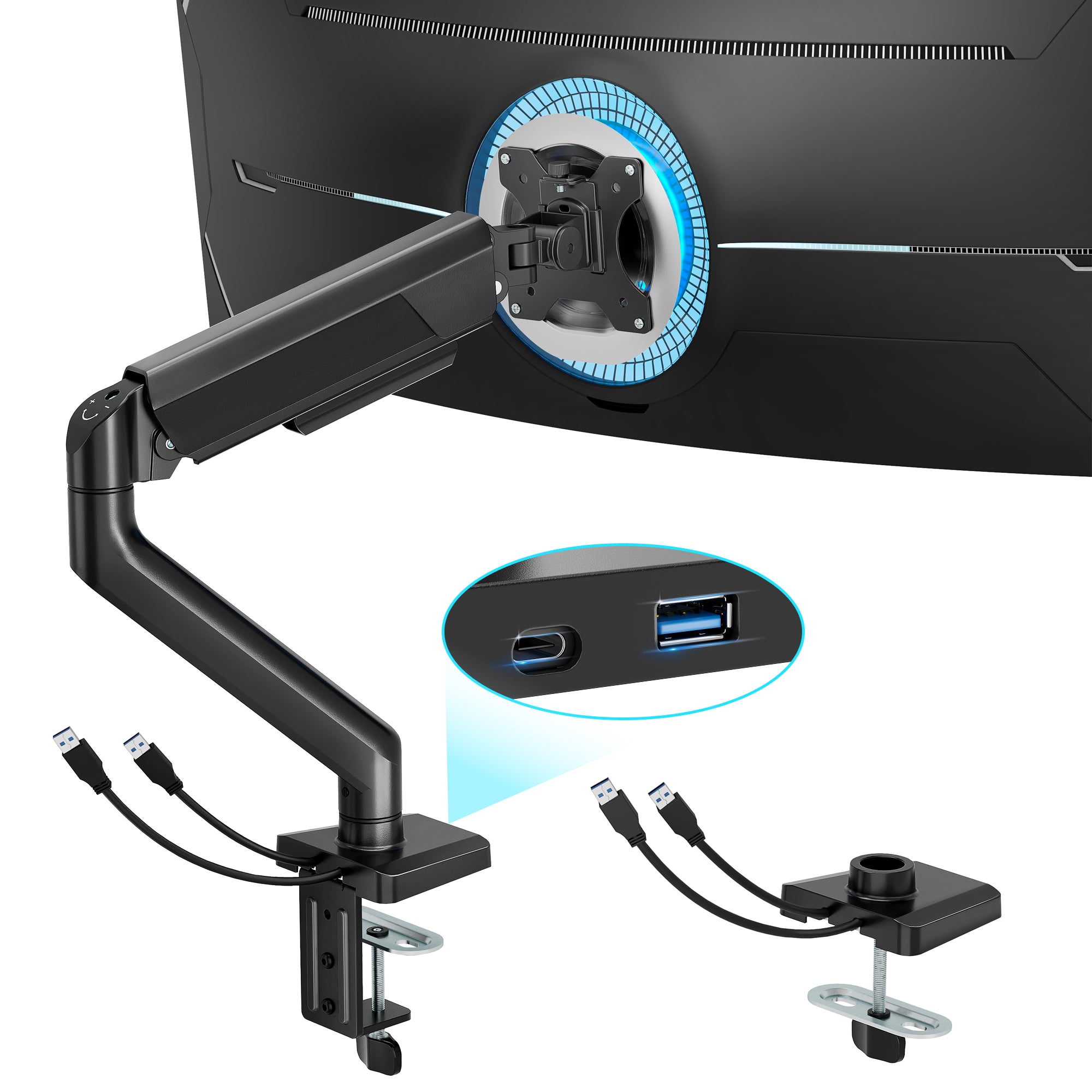 Heavy Duty Single Monitor Arm with USB Ports ARES WING