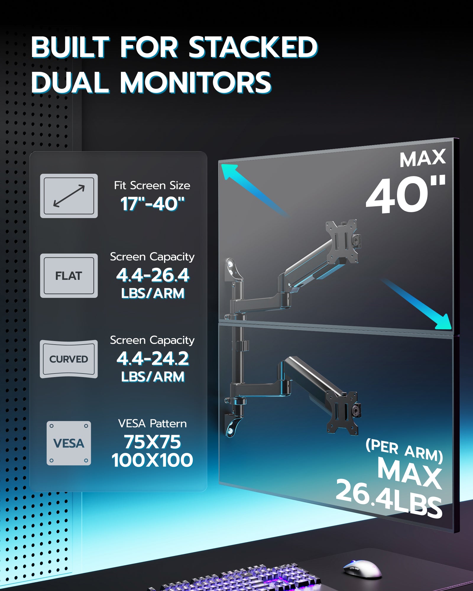 Vertical Dual Monitor Wall Mount ARES WING